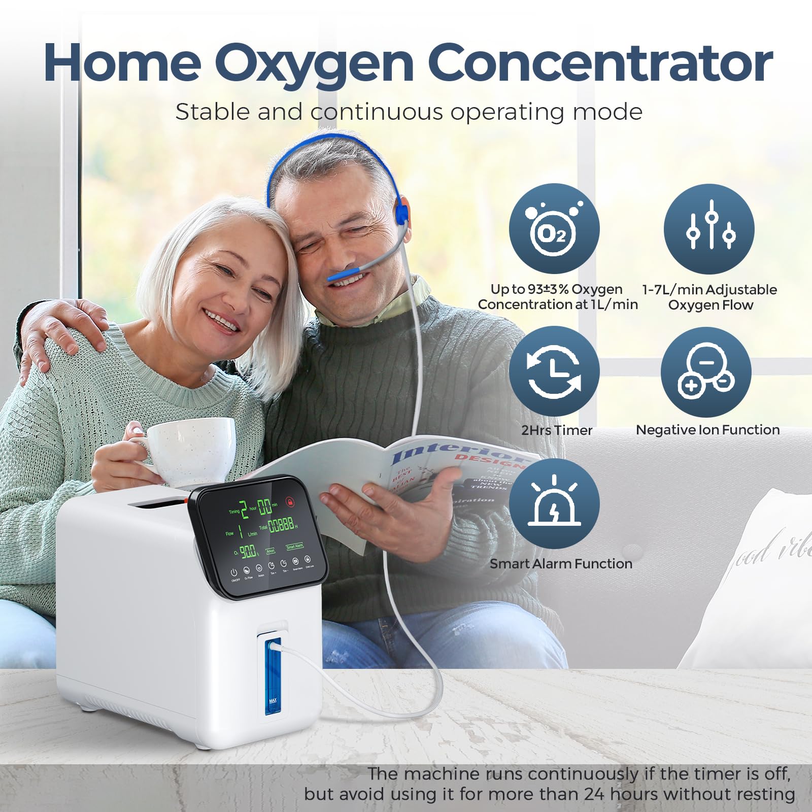 Concentratore di ossigeno portatile,Concentratore di ossigeno Xandoril per uso domestico,1-7l/min,90% Concentratore di ossigeno ad alta concentrazione,Dispositivo di ossigeno muto per la casa