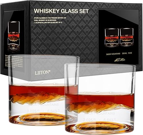 LIITON Smoky Mountain - Juego de 2 vasos de whisky de cristal pesado, vaso de bourbon grueso congelable de 1 libra cada uno, regalos de whisky