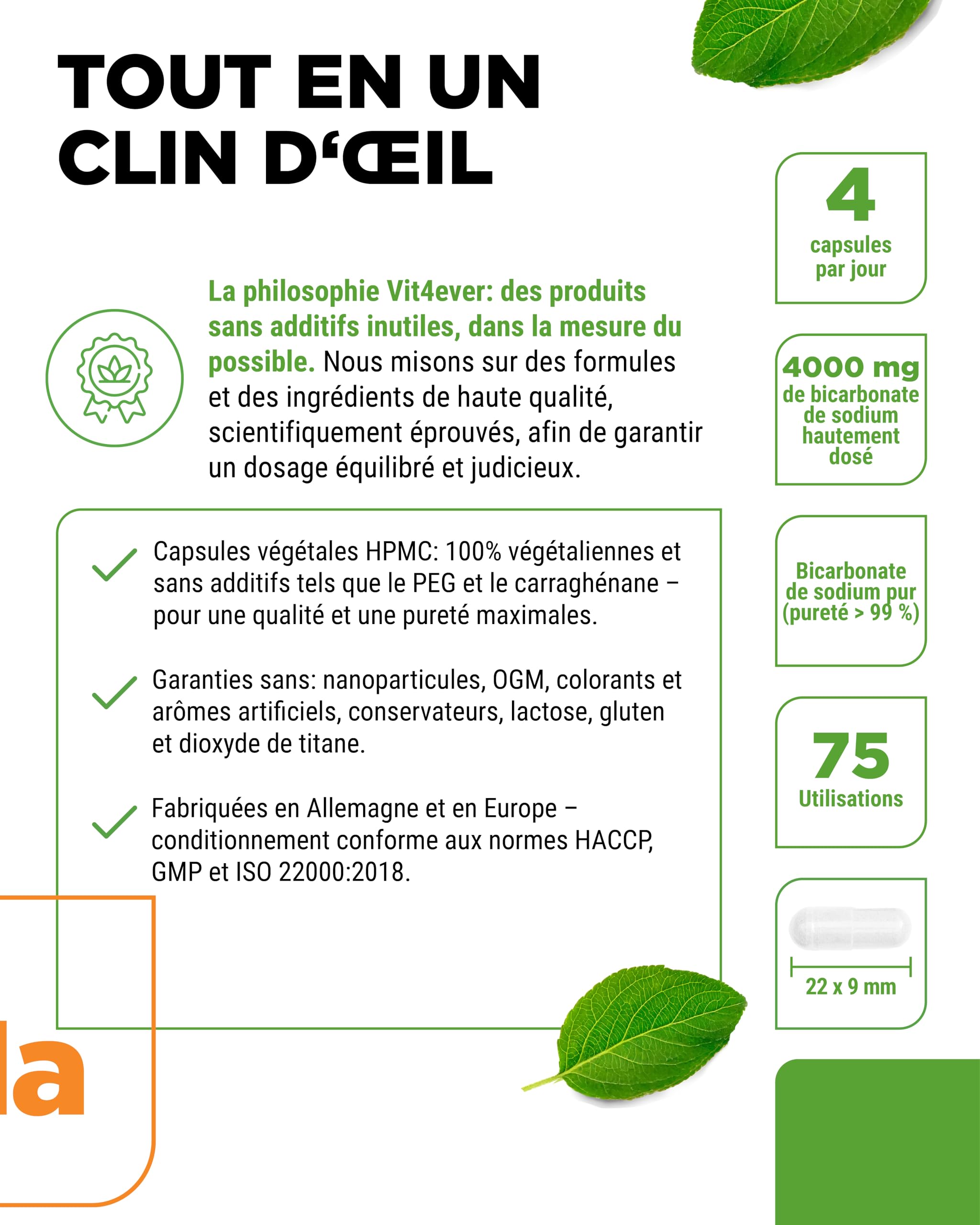 vit4ever Gélules de Bicarbonate de Sodium 1000 mg - 300 Gélules - Bicarbonate de Sodium Hautement Dosé - Vegan, Sans Additifs Inutiles