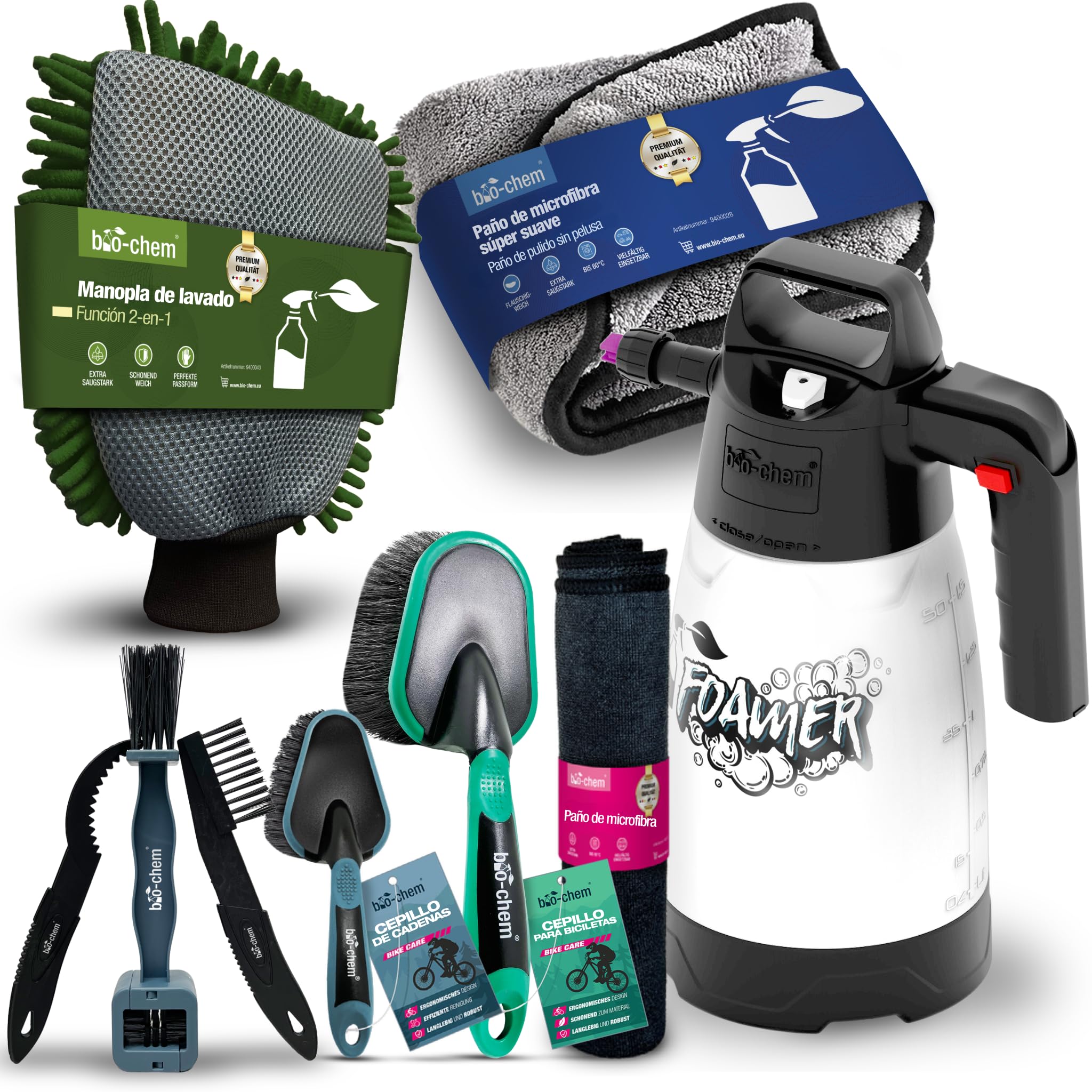 bio-chem Kit de limpieza de 9 productos para bicis, BTT y bicis eléctricas | Pulverizador de espuma, cepillos para la cadena y el cuadro y paño de microfibra - Limpieza y mantenimiento de la bicicleta