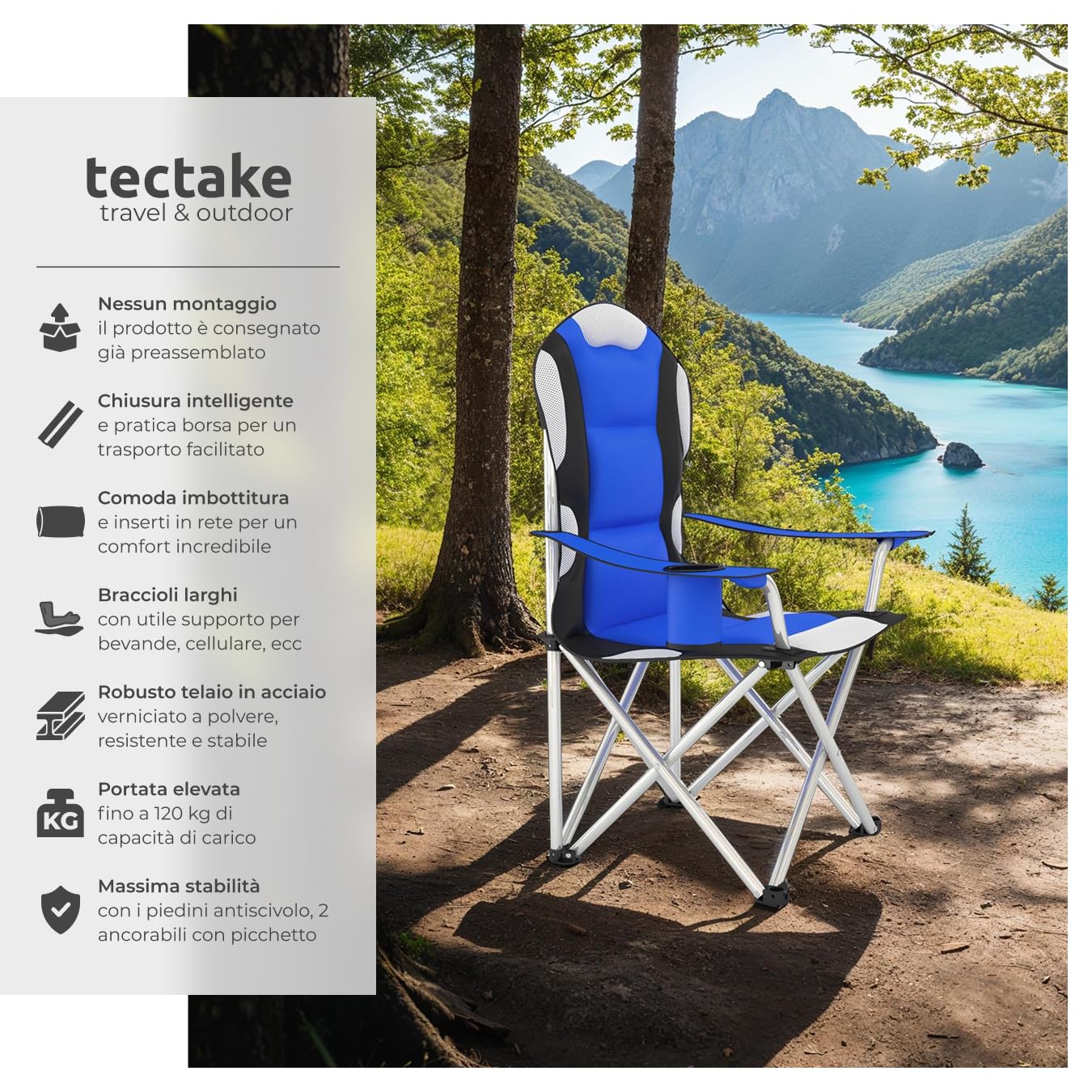 Tectake Sedia da Campeggio Pieghevole Imbottita con Tessuto a Rete e Porta Bevande