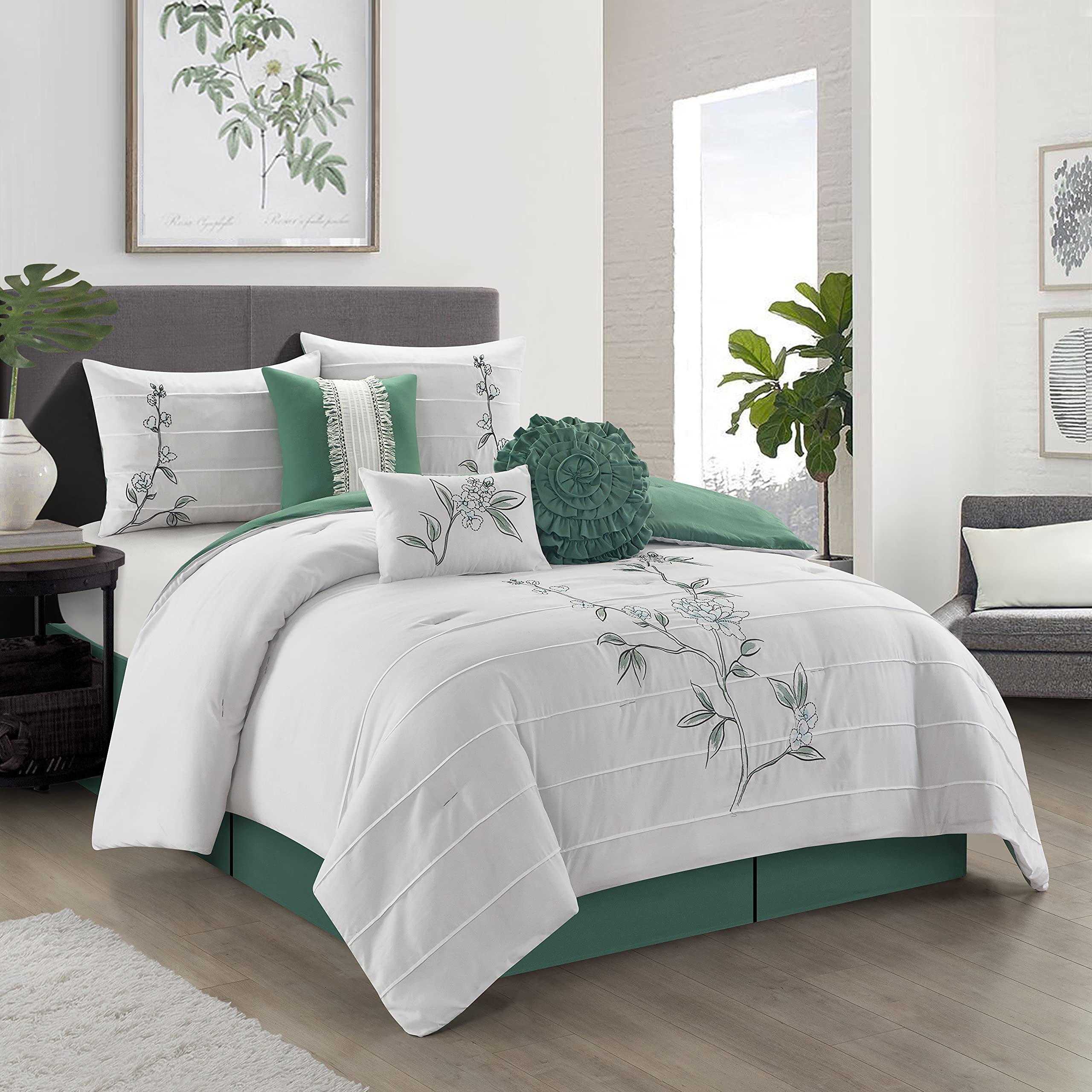 Tropical Green Rose 7-Piece Comforter Bedding Set Green, Queen, 100% Polyester,Raina7-Q-GRN-PU1