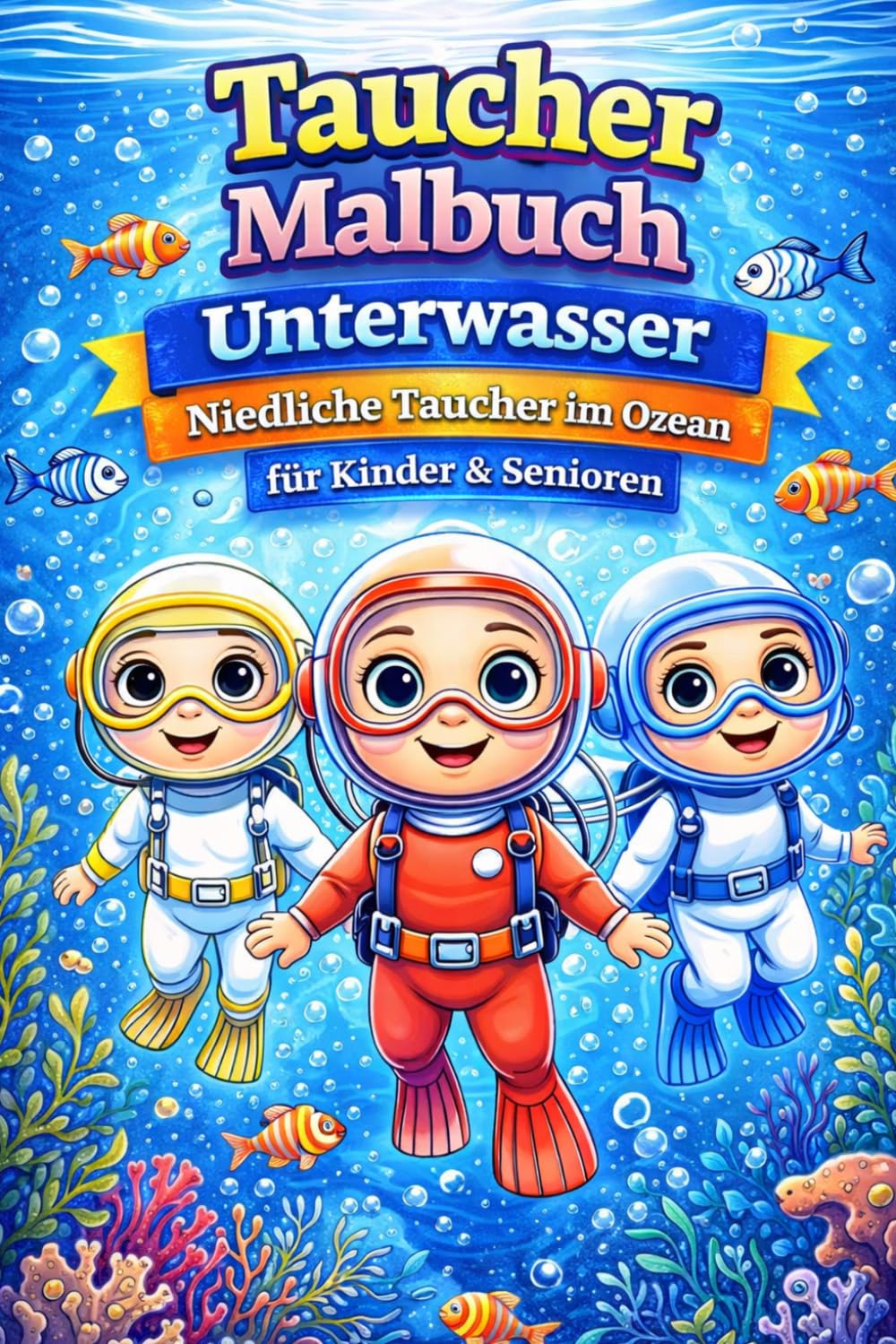 Taucher Malbuch Unterwasser – Niedliche Taucher im Ozean für Kinder & Senioren | Entspannung, Fokus & Kreativität: 82 liebevolle Unterwasser-Motive ... jede zweite Seite frei gegen Durchdrücken