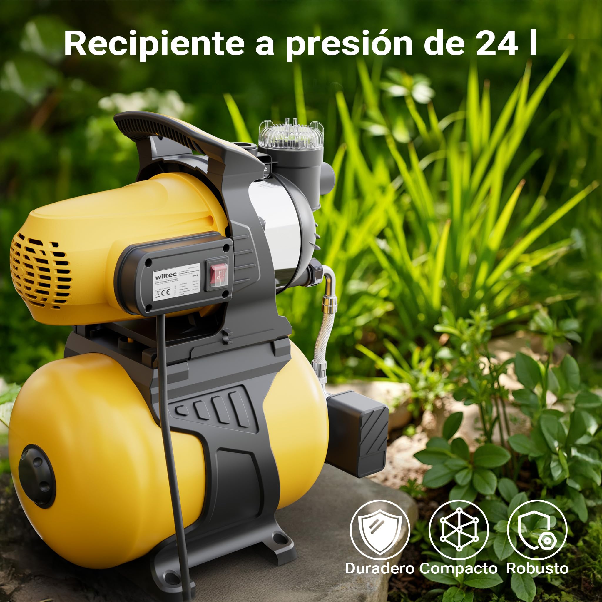 Wiltec Bomba de agua 1300 W con tanque de presión de 24 L y prefiltro, caudal 5000 l/, equipo de presión de agua para uso doméstico, carcasa de acero inoxidable, altura de elevación 50 m