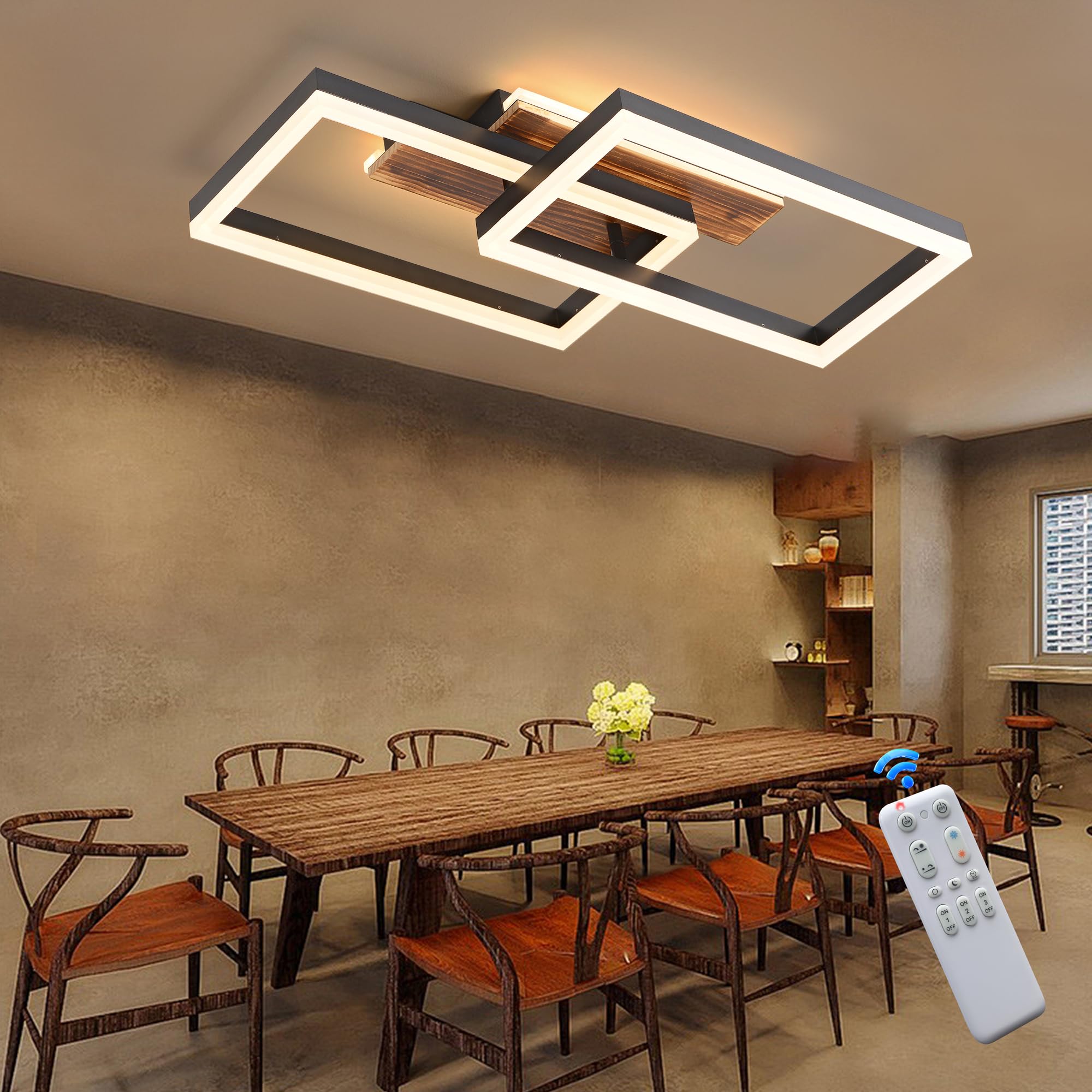 Plafoniera LED Soffitto legno dimmerabile, Vintage plafoniera Camera da Letto, Plafoniere rettangolare nera con telecomando, 48W 60cm 4800lm 3000K-6000K, Funzione di memoria, Luce notturna da 4W