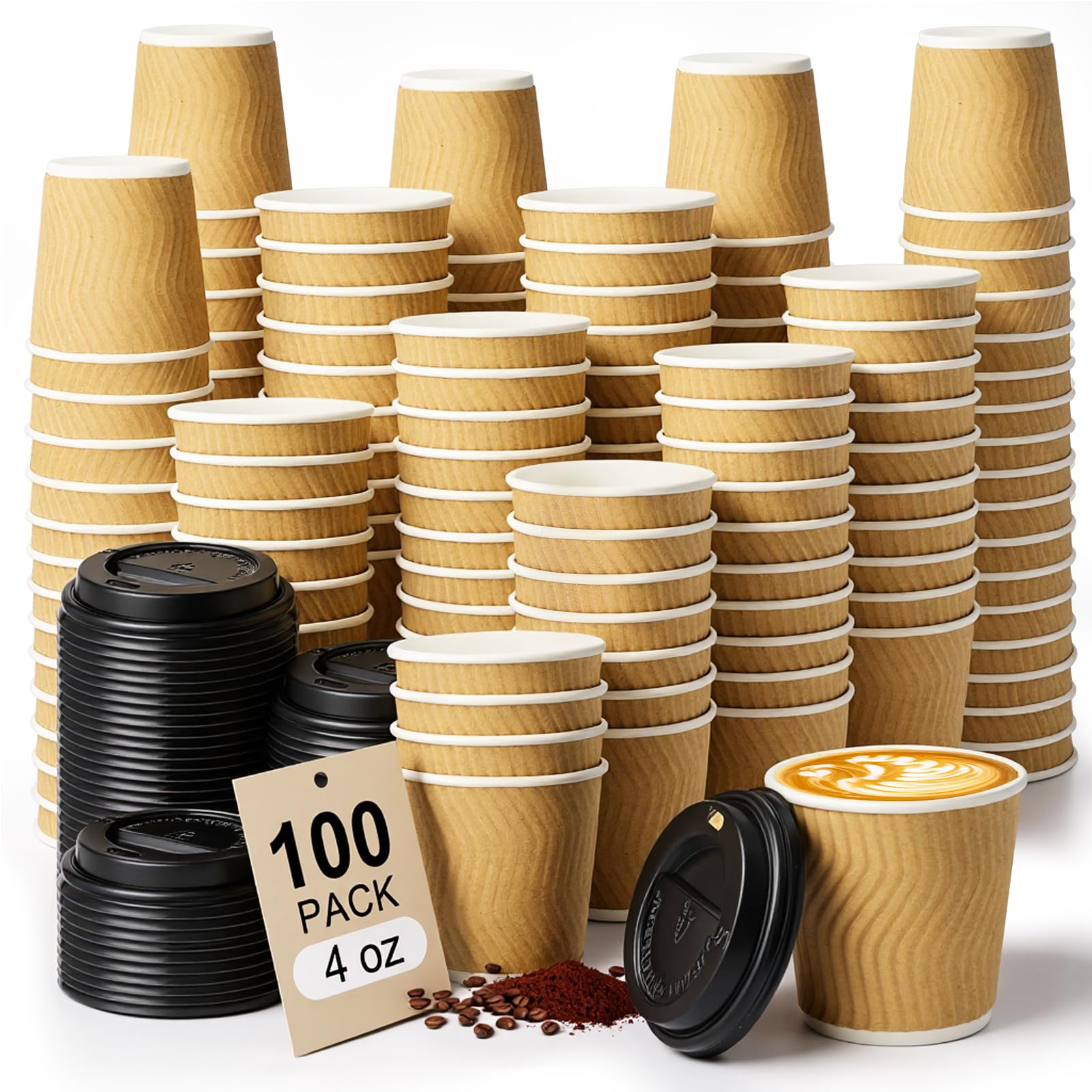 ALEXPRE 100 Pack Disposable Takeaway Coffee Cups with Lids,4oz Paper Cups with Lids,Brown Kraft Ripple Walled Cups for Takeaway Hot&Cold Drinks,Travel, Party, and Office Use