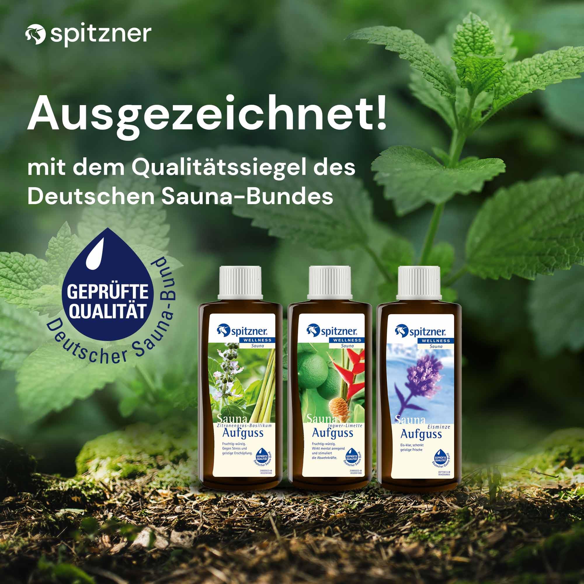 esencias sabroso para saunas: „Hierba limón-Albahaca“ / „Jengibre-Lima“ / „Menta helada“ (3x190 ml) de Spitzner