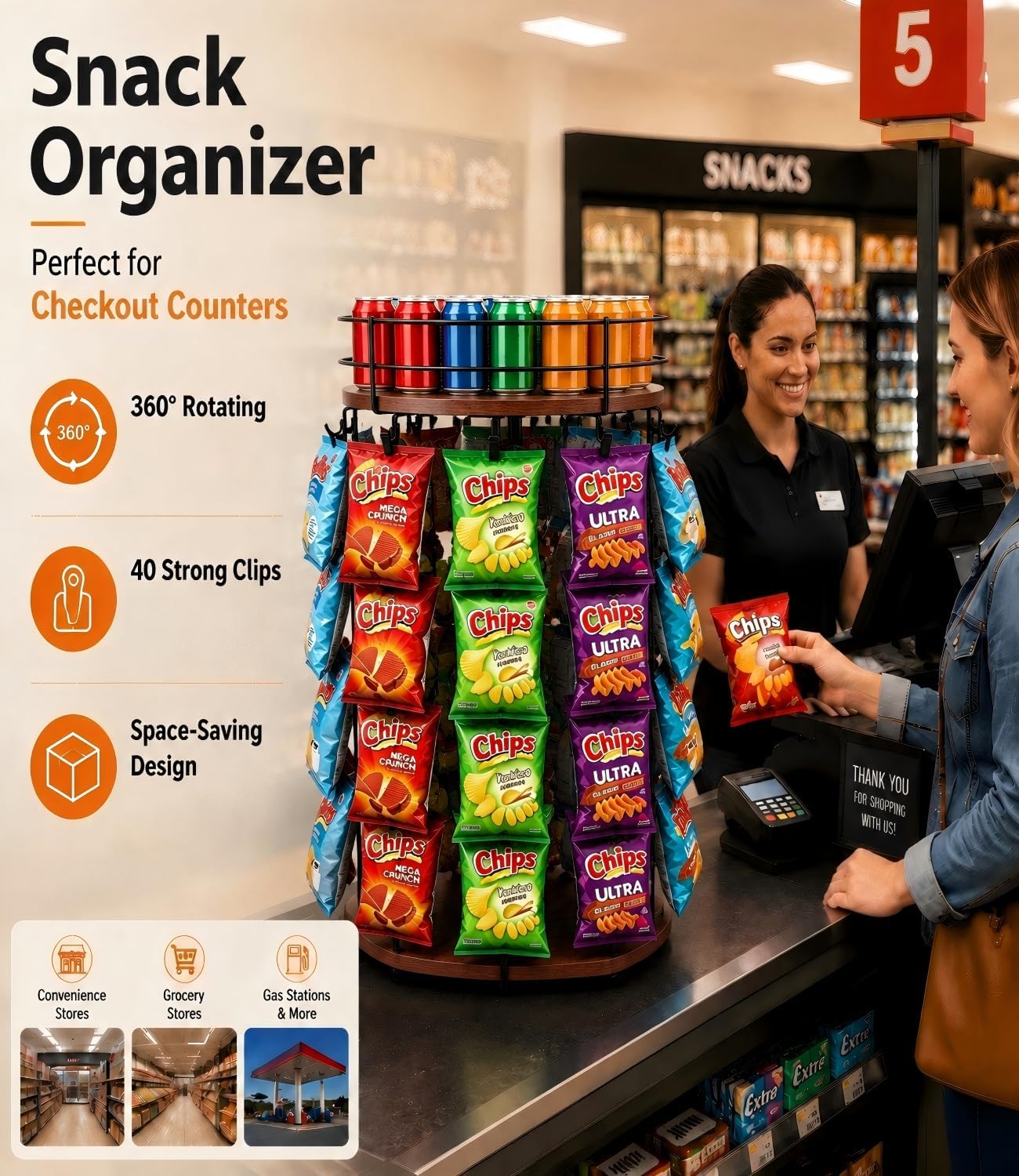 Chip Rack Display Stand, 40 Chips Rotating Snack Organizer, Brown | Top storage basket, 5-tier,chip holder display for party,concession stand countertop,home kitchen, store, retail