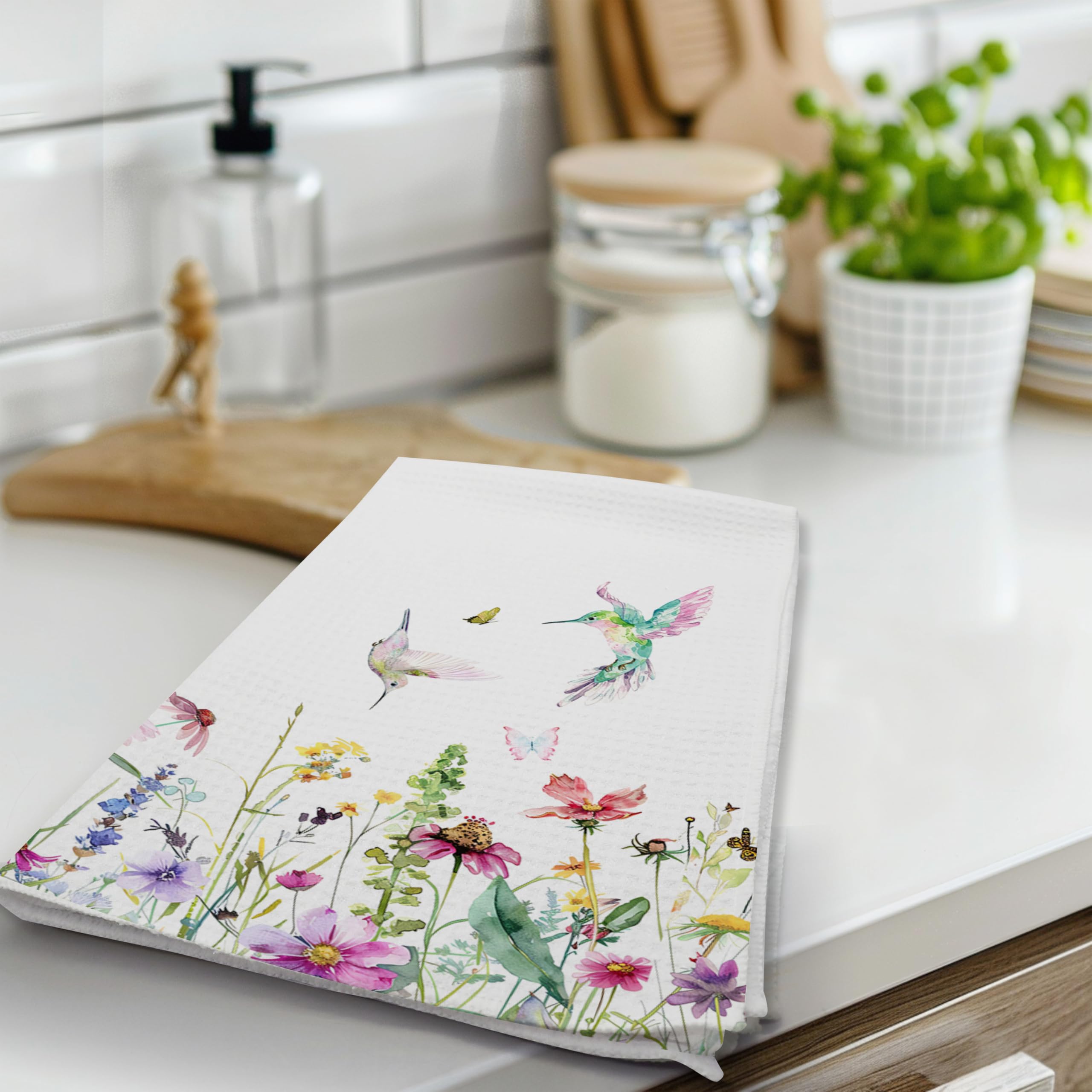 DETIHO Juego de 2 toallas de cocina, suaves y absorbentes, para cocina, paños decorativos florales para secar platos, regalos de colibrí para mujeres, toallas reutilizables y de secado rápido (B09