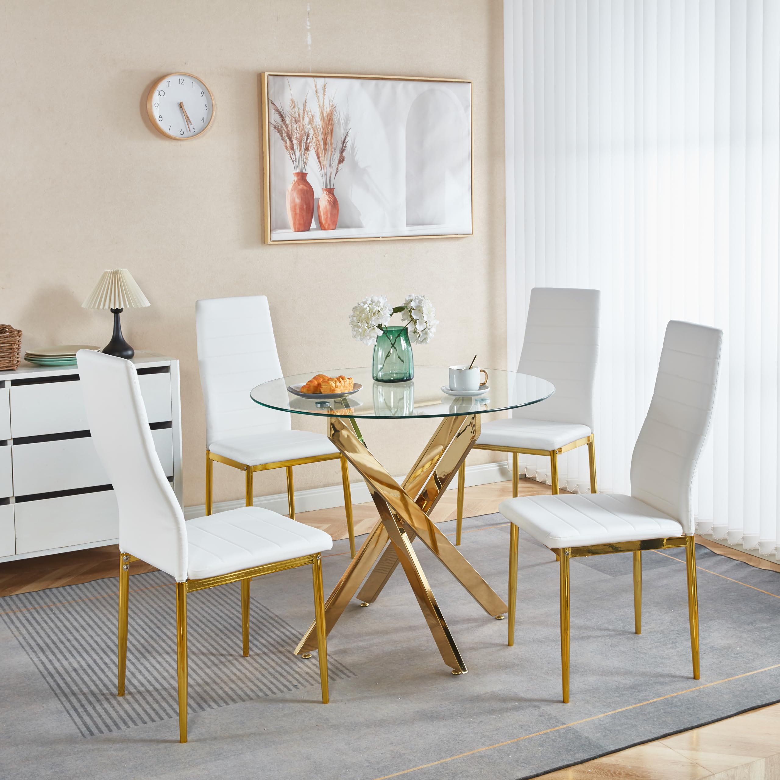 5 Piece Dining Table Set, Modern Round Glass Dining Table Set for 4, 35" Circle Glass Kitchen Table with 4 Upholstered White Leather Chairs, Dinner