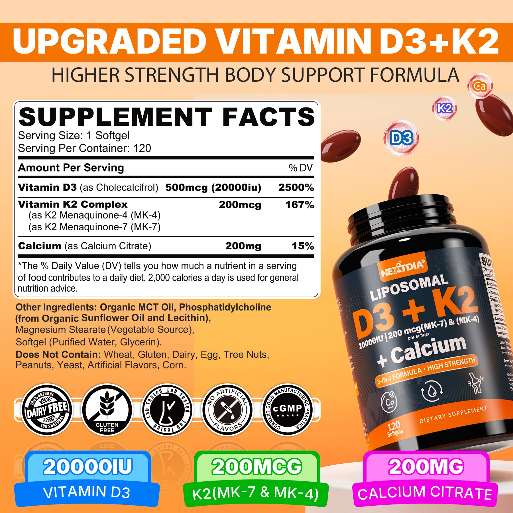 Vitamin D3 20,000 IU + K2 Vitamin (MK4 & MK7)200mcg + Calcium Citrate 200mg — Amazon image 2