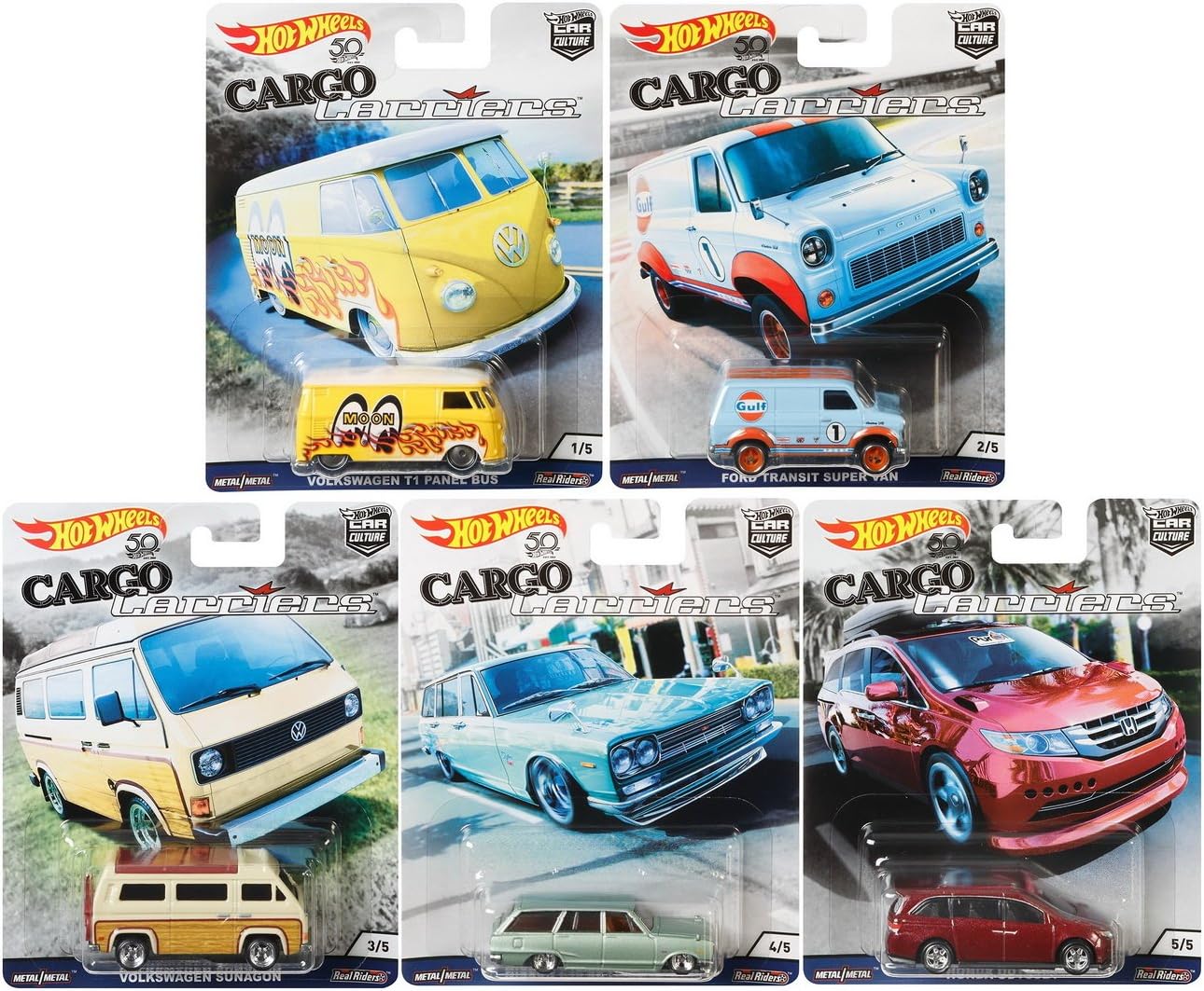 Hot Wheels Car Culture 2018 Cargo Carriers Series Premium Adult Collectible Diecast Cars, Set of 5