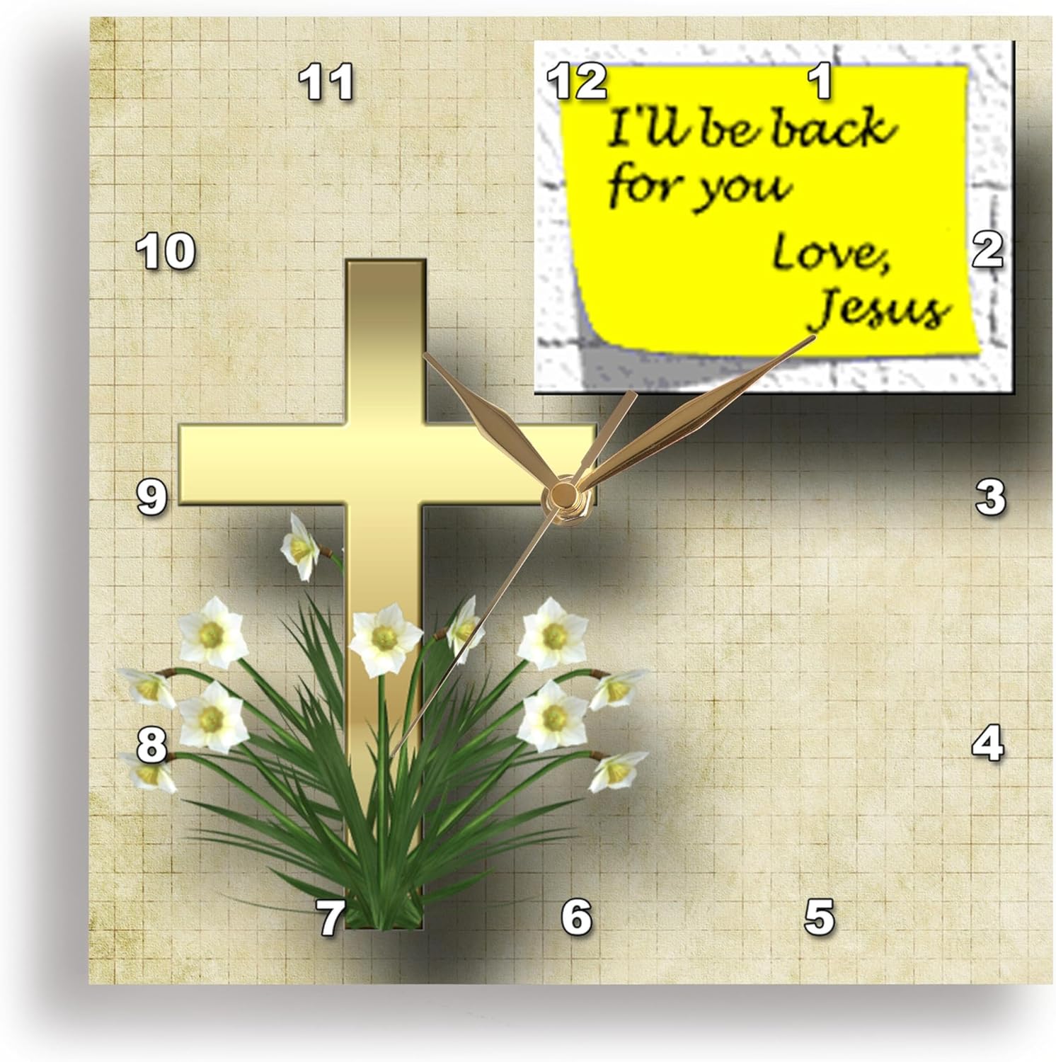 3dRose DPP_128832_3 Pretty Cross and Spring Flowers and Note from Jesus That He Will be Back a Great Gift Wall Clock, 15 by 15-Inch