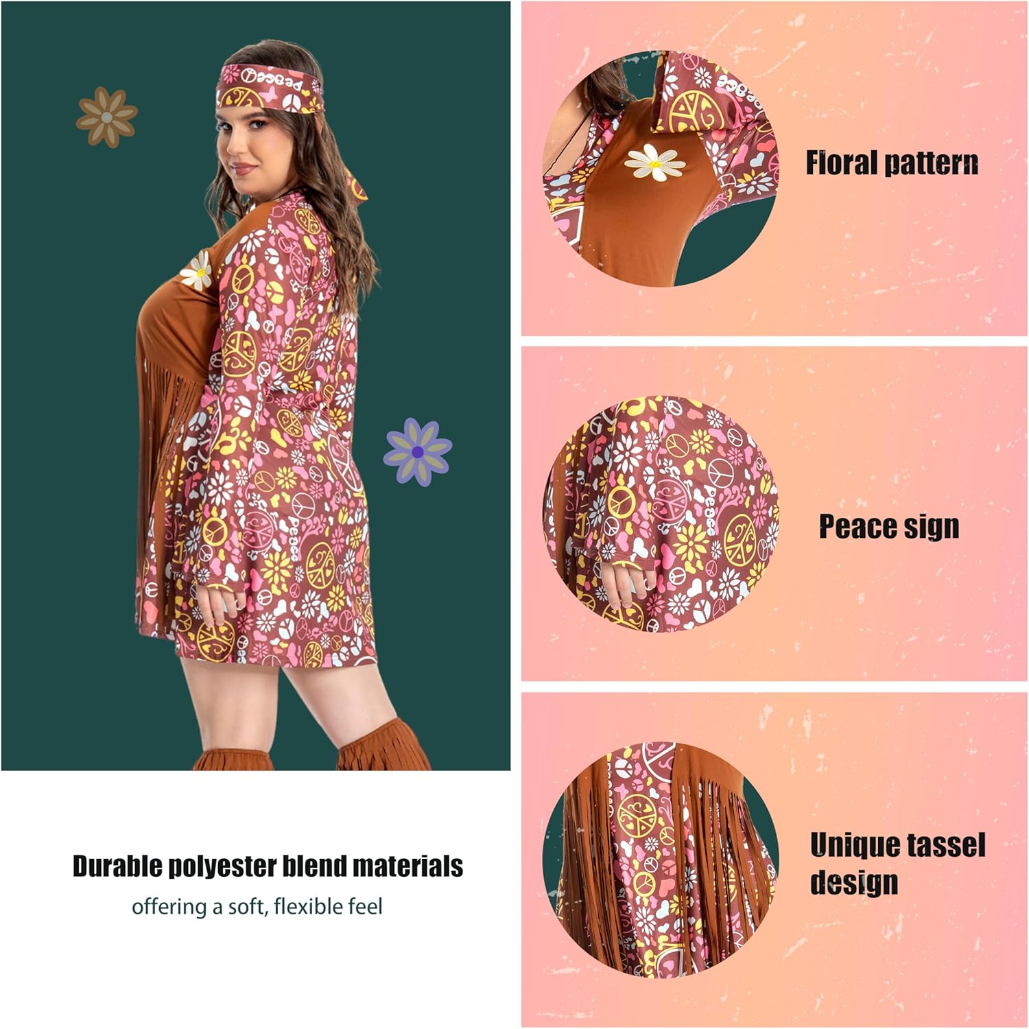 Plus Size Hippie Costume Women 70s Dress 60s Gogo Dancer Hippy Halloween Costumes Adults Outfit 1970s 16-18 - Image 4