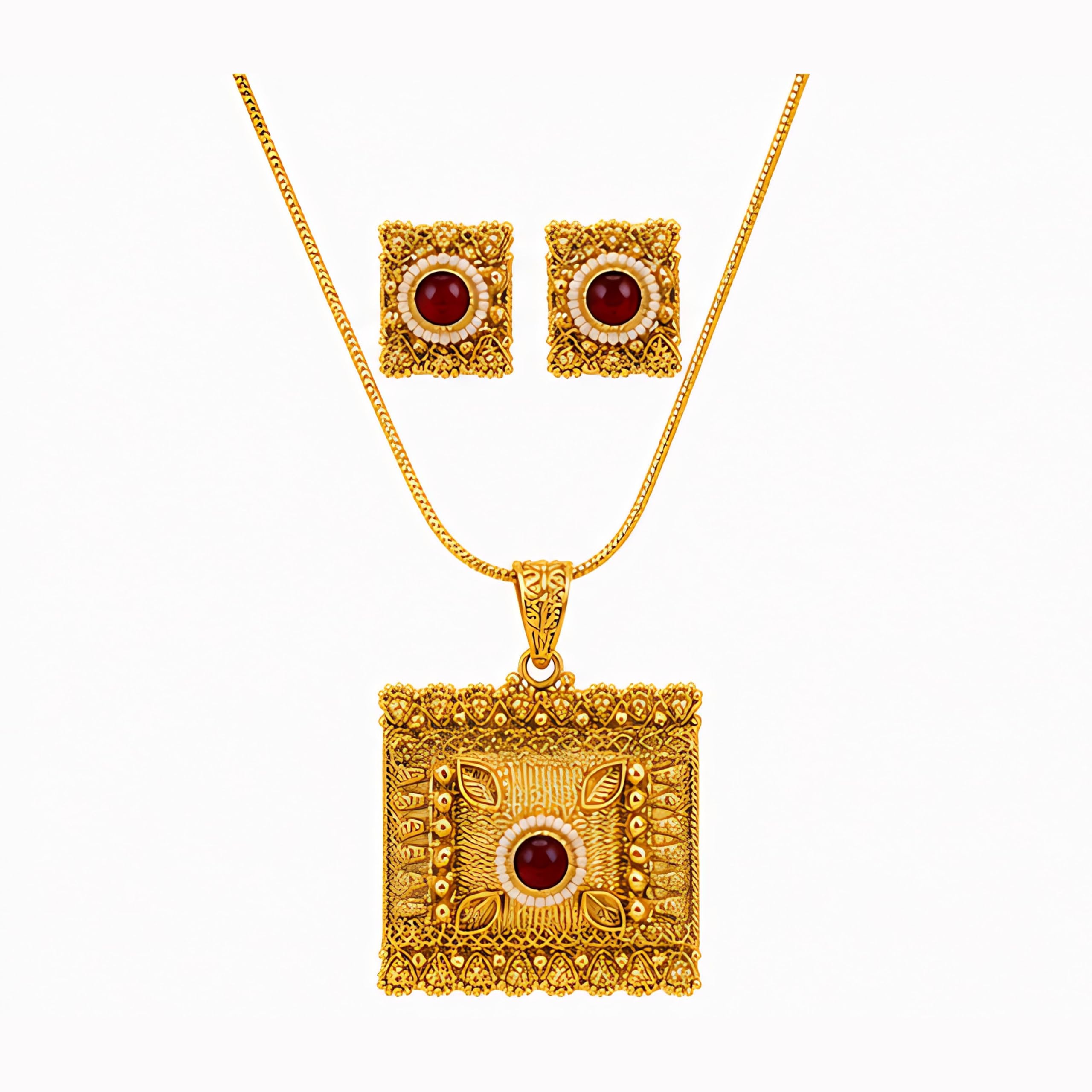 Traditional Gold Plated Square Jantra Pendant Set with Earrings for Women | Uttarakhandi Kumaoni & Garhwali Pahari Jewelry-image-34