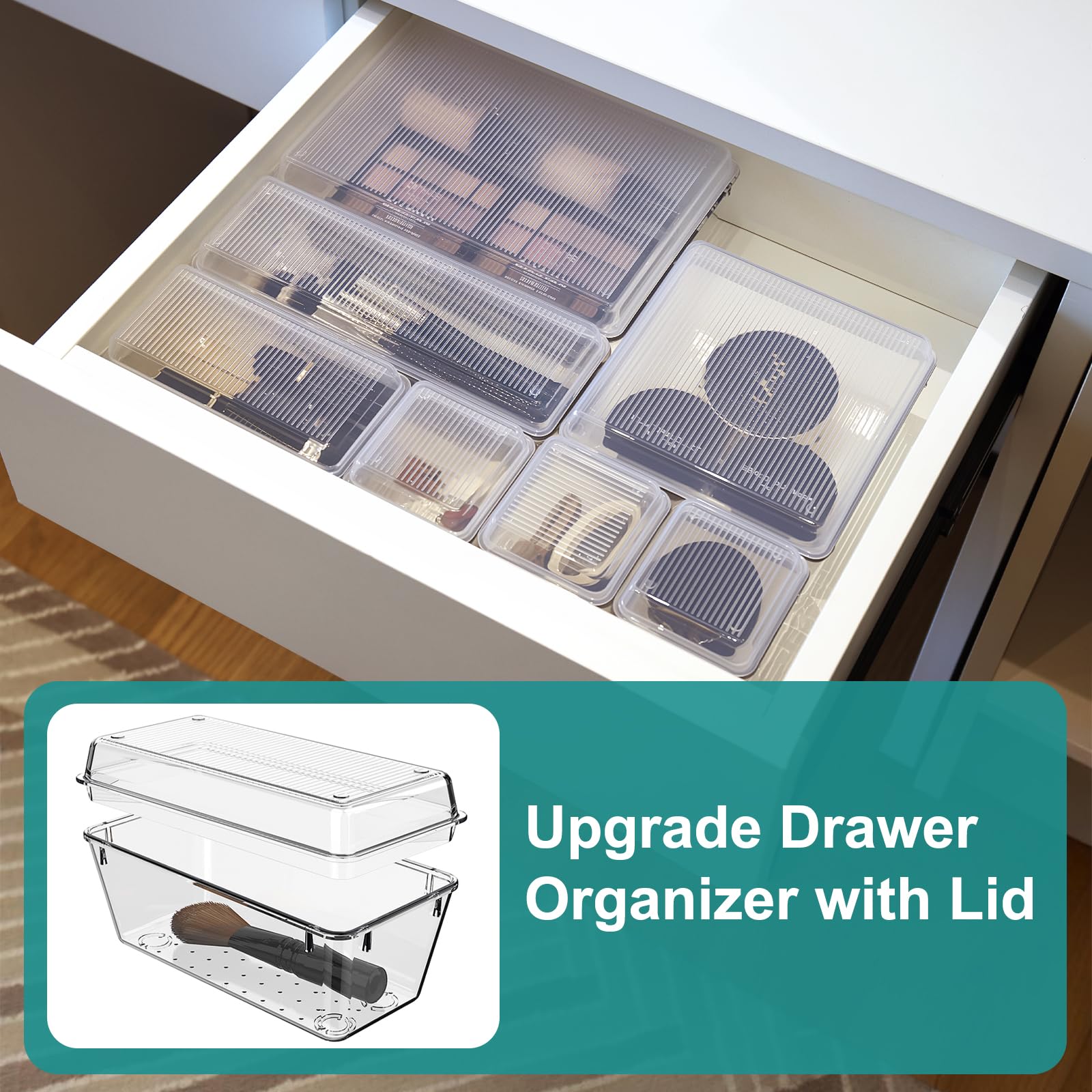 Flybok 14 Pcs Clear Plastic Drawer Organizer Set, Upgrade Lid Design, 5 Size Bathroom Vanity Organizer Tray, Acrylic Makeup Drawer Organizer, Storage Containers for Kitchen Junk Utensils Office