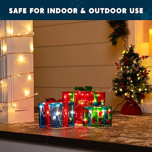 Miniatura 2 de JOIEDOMI Juego de 3 cajas de regalo iluminadas de Navidad, decoraciones del día de San Valentín, cajas de regalo preiluminadas con estrellas para