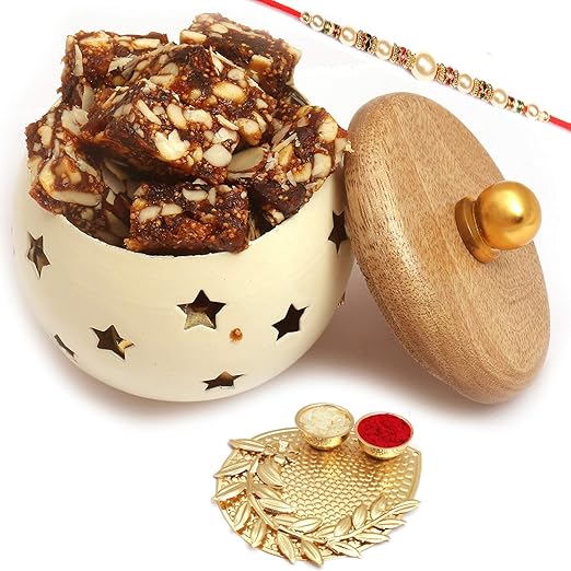 Ghasitaram Gifts Rakhi Gifts for Brother Sugarfree Sweets - White Wooden Sugarfree Bites Jar with Pooja Thali with Pearl Rakhi