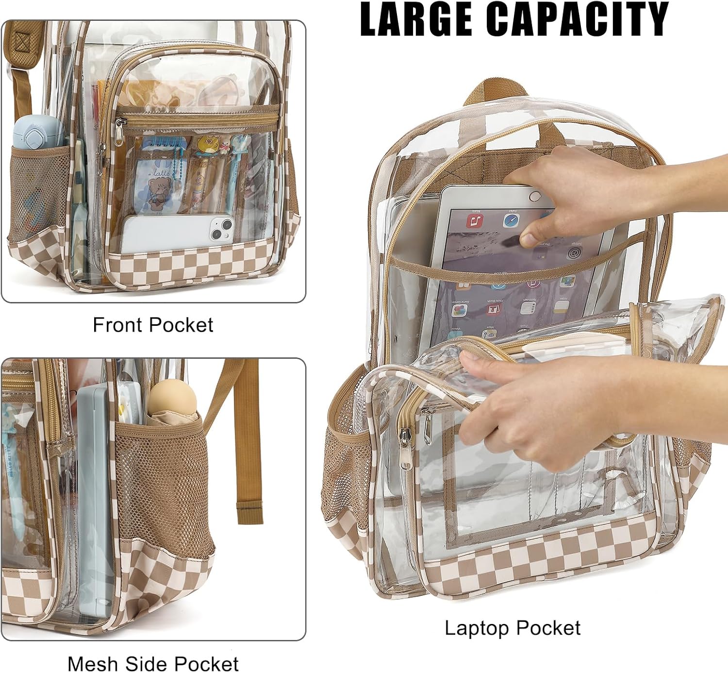 Clear Backpack for School Girls Boys, Heavy Duty Transparent Backpack Kids See-Through Clear Bookbag (Checkered Khaki)