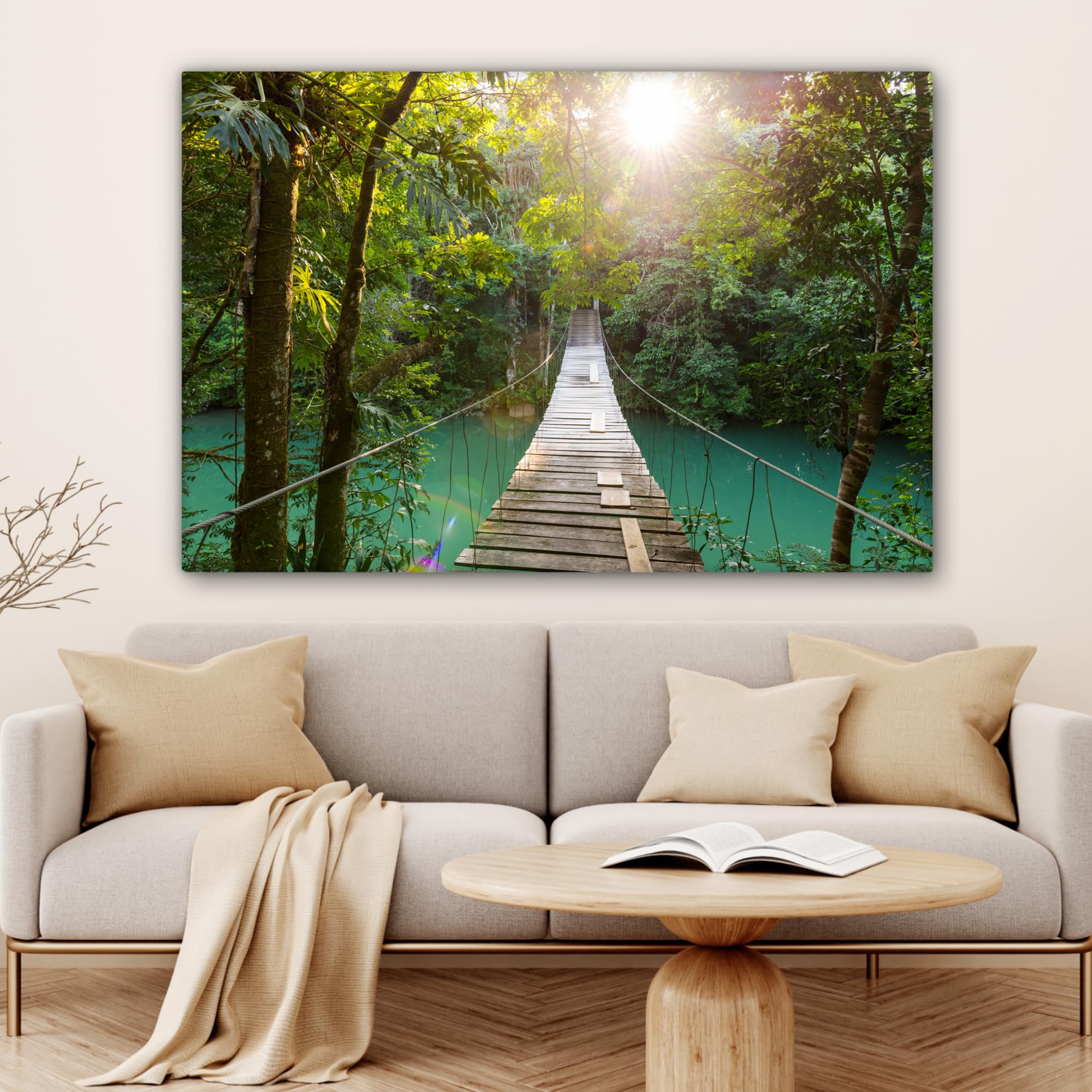 MuchoWow© Impression sur Toile Peinture 120x80 cm Tableau Mural Decoration Salon Reproductions de Tableaux Murale Moderne Jungle - Eau - Pont - Nature - Plantes