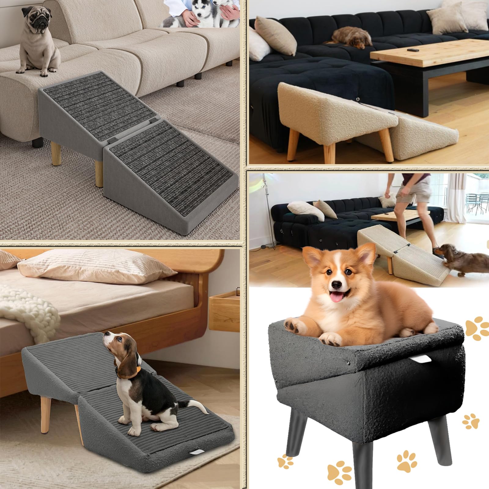 Scalini per Cani, Rampa per Cani Divisa in Due per Divano Letto Auto, Scale Multifunzionali di Piccola Media e Grande Taglia, Rampa per Animali Domestici con Superficie Antiscivolo,Nero