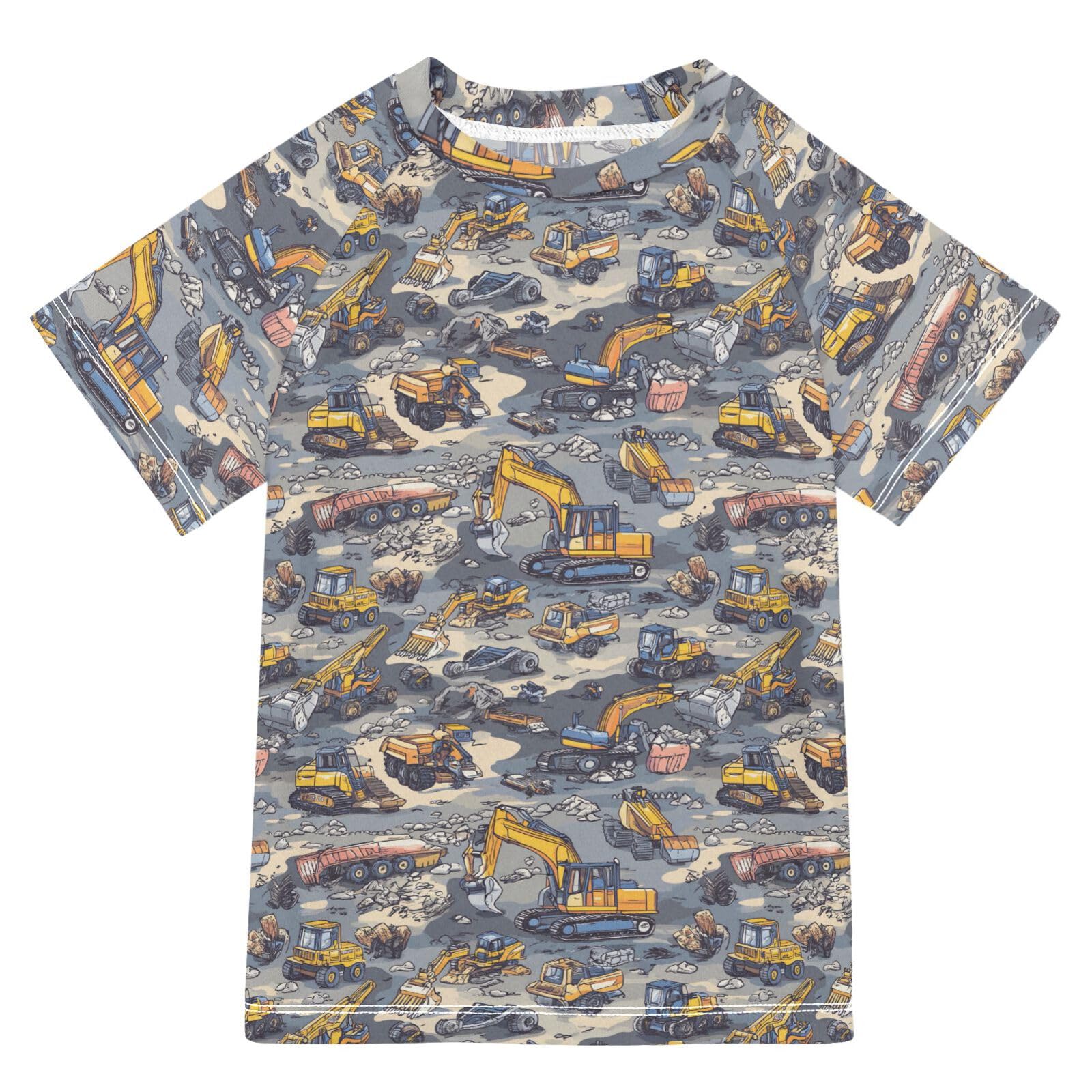 KLL Girl Bathing Suit Short Sleeve Rash Guard Girls 4T Construction Vehicles