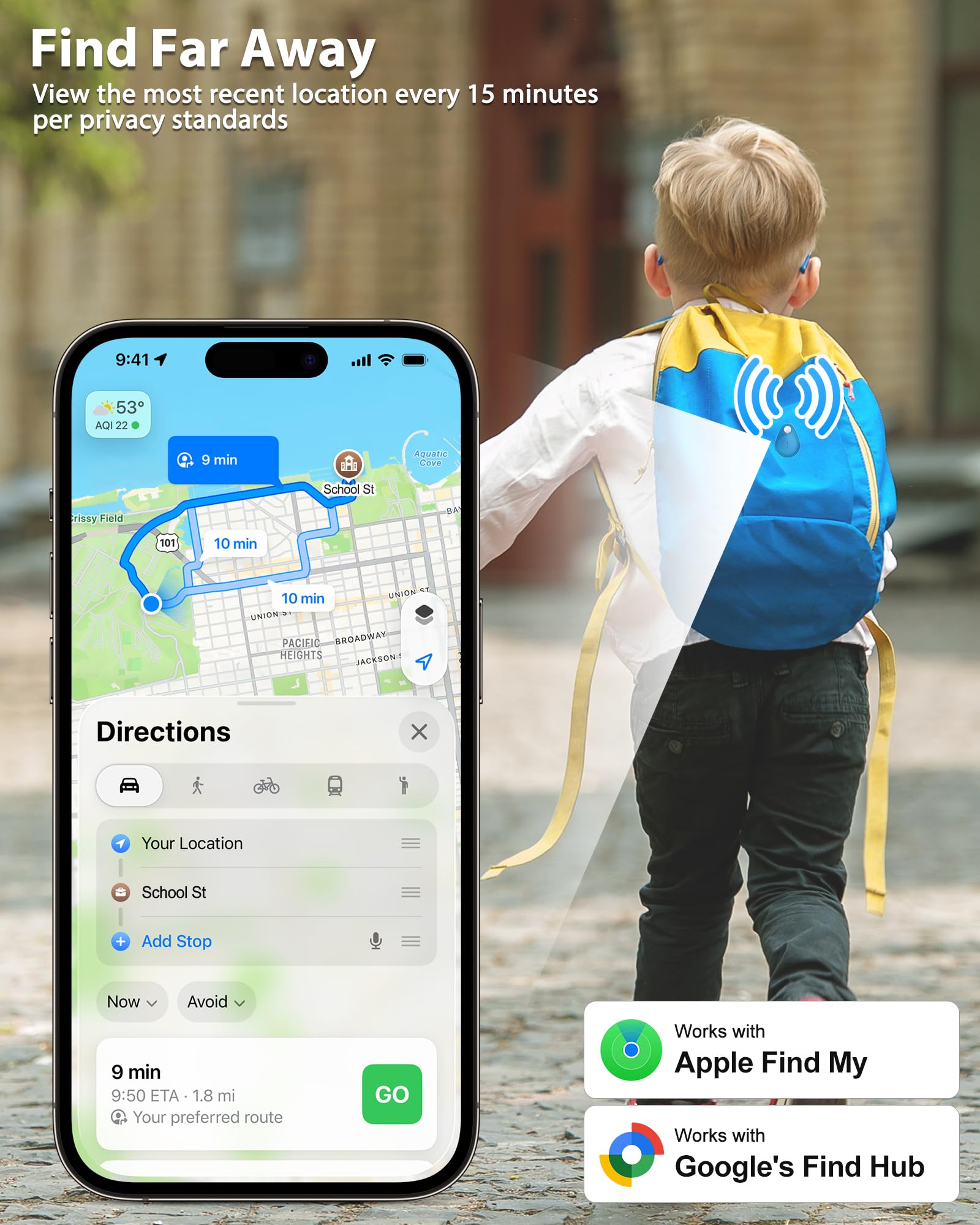 Lot de 2 traqueurs GPS cachés pour enfants, localisateur de clés, Bluetooth, avec broches, fonctionne avec Apple Find My, protection de la vie privée, mode perdu, convient pour les enfants, les