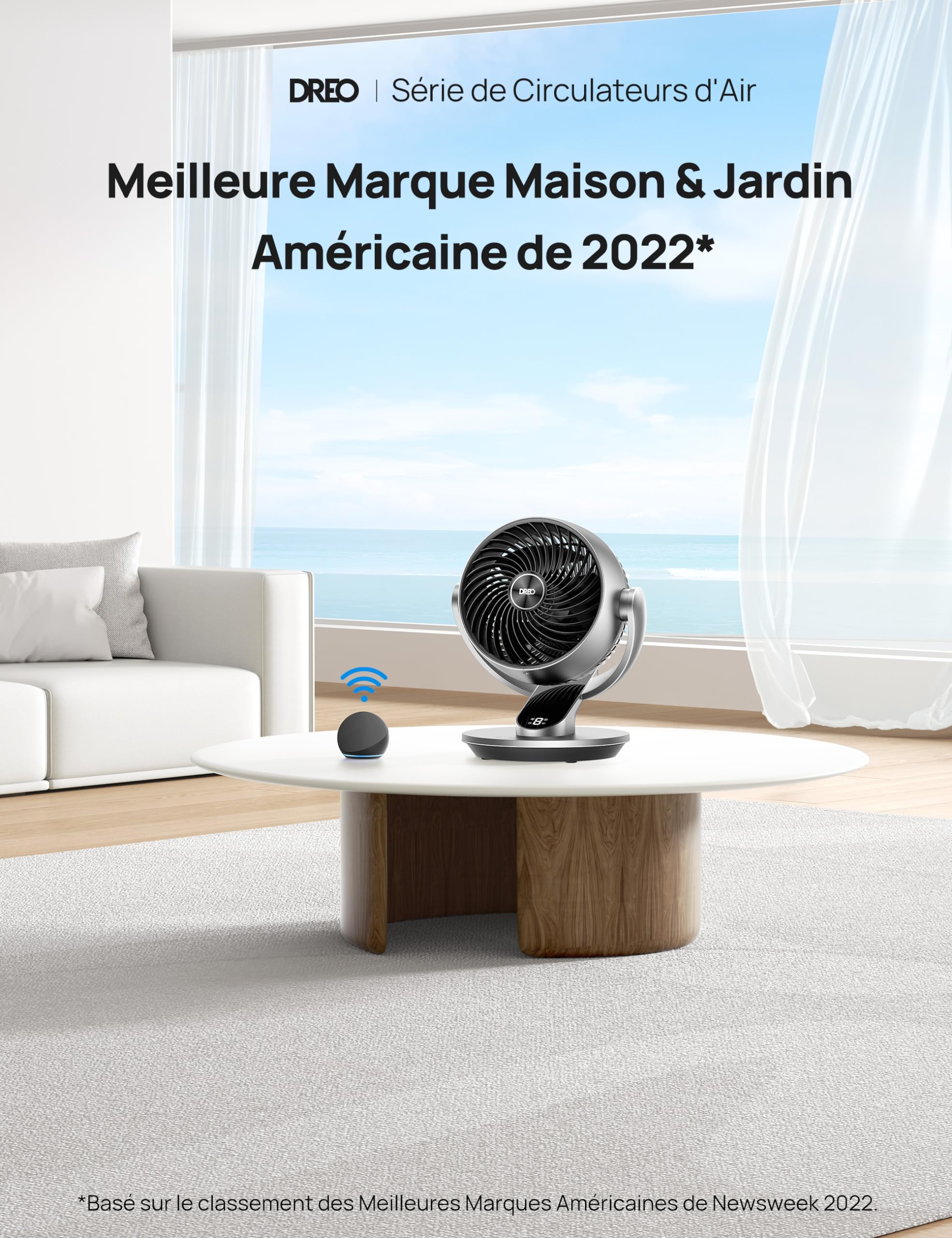 DREO Ventilateur de table 28 dB, 18 cm, 4 vitesses, 5 modes, minuterie 12h, oscillant à 120° + 90° avec télécommande, commande vocale, refroidissement, Lynx S, argent.