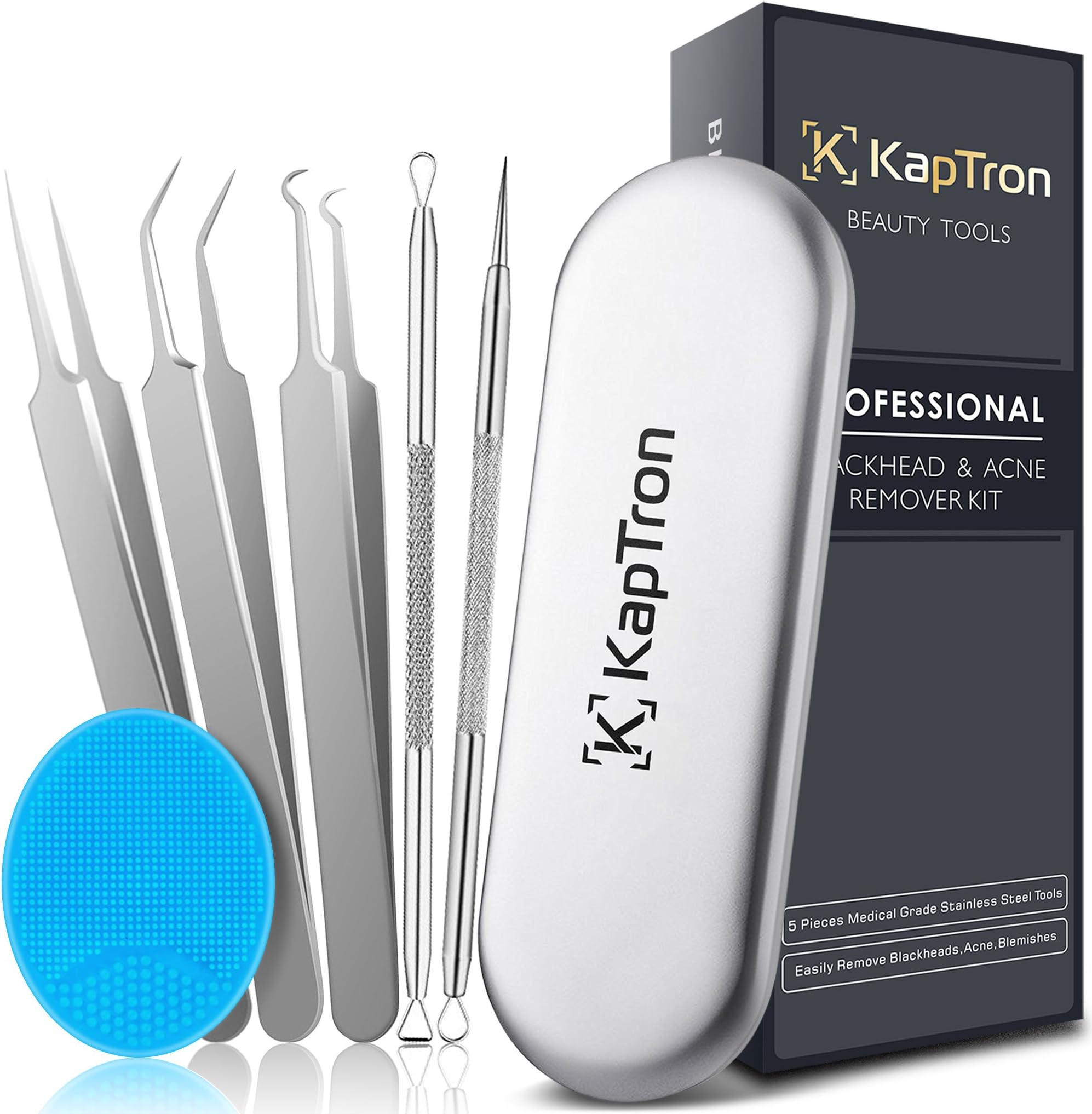 Blackhead Remover Kit - Kaptron 6 Piece Blackhead Comedone Acne Extractor Tool Set Including Curved Tweezers for Pimple Popping, Acne Removal kit, Blemish Treatment