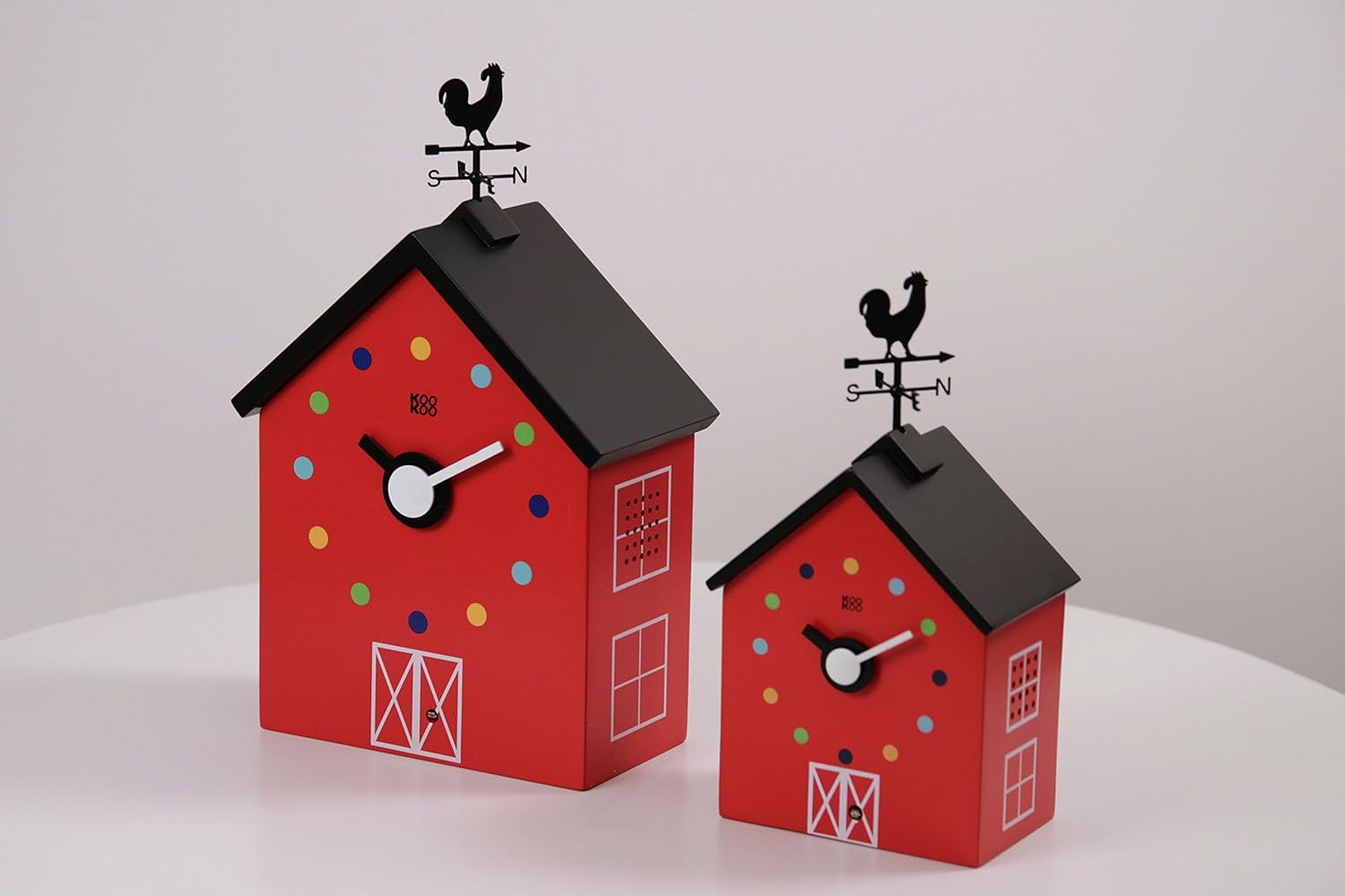 KOOKOO Red Barn Large, Farmhouse Clock with 12 Animal Sounds, a Rooster and a Rotating weathervane