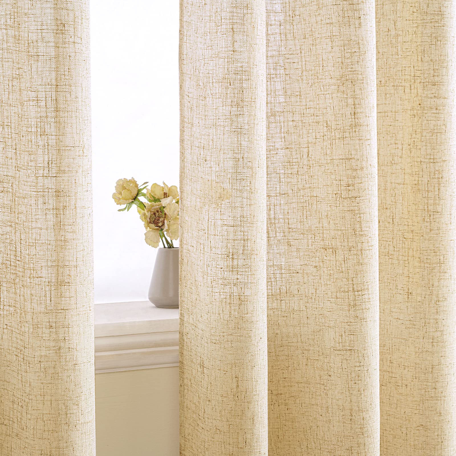 EMEMA Gardinen Vorhänge Leinenvorhang mit Ösen Voile Vorhang Leinenoptik Modern Halbtransparent für Wohnzimmer Dekoschal Kinderzimmer Schlaufenschal Küchengardinen 2er Set 140x200cm (BxH) Beige