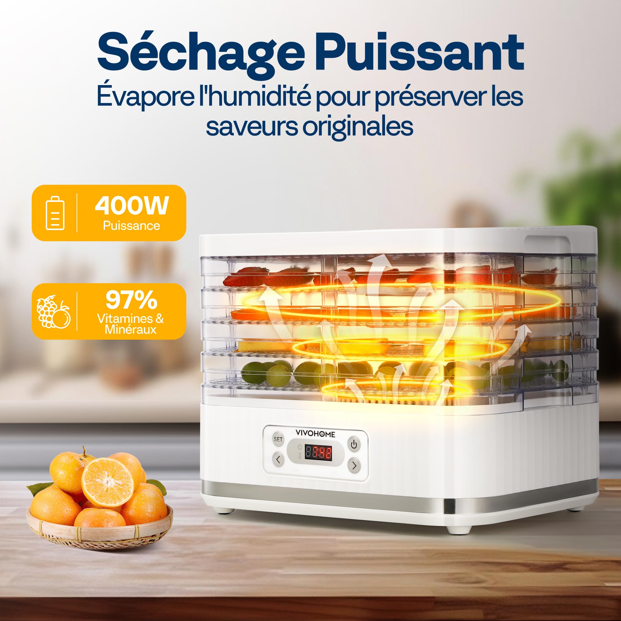 VIVOHOME Déshydrateur Alimentaire Séchoir 5 Plateaux 400W sans BPA, Température Réglable 35°C-70°C avec Minuterie 72h Lyophilisateur pour Fruits Séchés Viande Légumes Champignons Blanc
