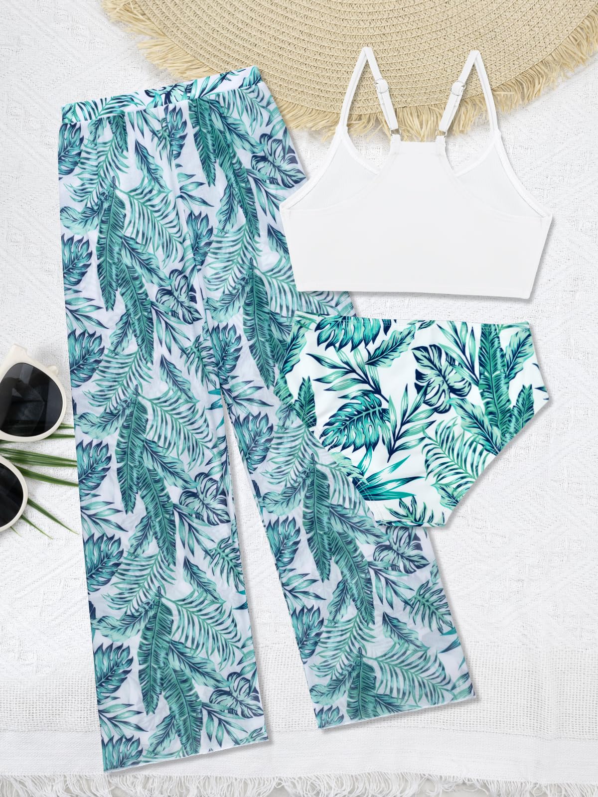 SHEKINI Girls 3 Piece Printed Swimsuit High Waist Bikini Set with Cover Up Pants (White & Blue Print, 12 Years)