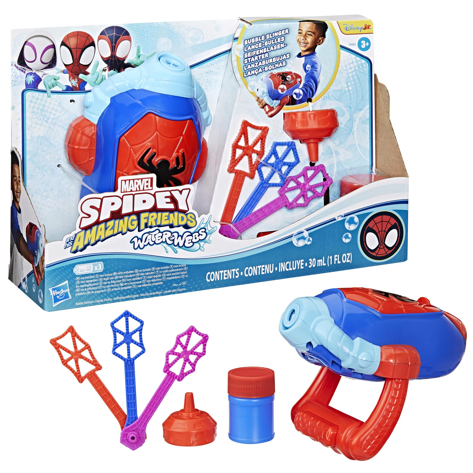 Marvel Spidey and His Amazing Friends, Water-Webs, Lanzaburbujas, Juguete electrónico para Juego de ro