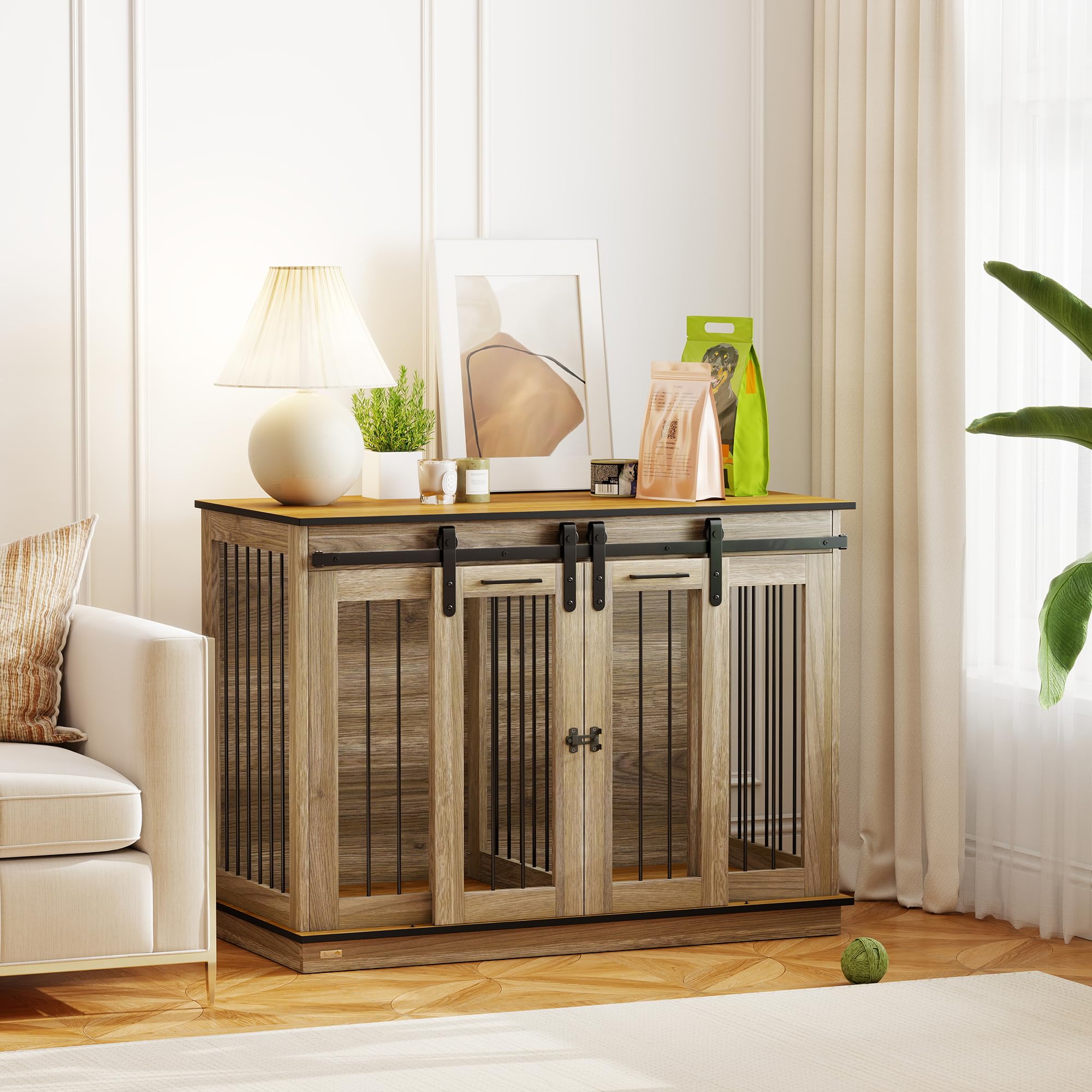PawHut Dog Crate Furniture for Large Dog, Double Dog Cage for Small Dogs with Divider, Sliding Doors - Oak Tone