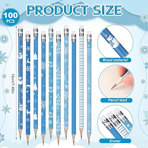 Miniatura 2 de Lápices de invierno con borrador, lápices de copos de nieve, lápices de madera para fiestas de invierno, regalos, suministros escolares de oficina