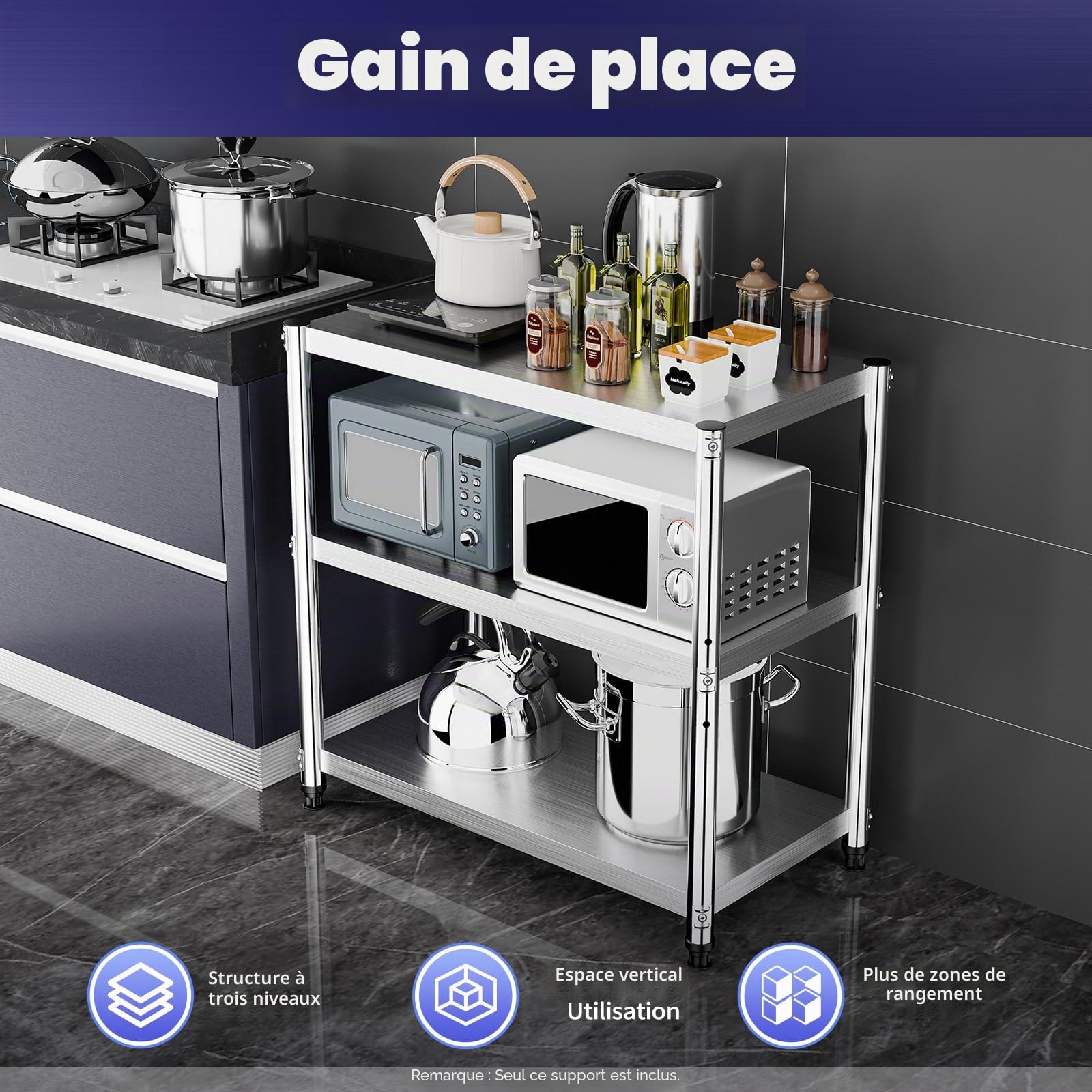 3 Niveaux Étagère de Cuisine,Etagère Rangement Acier Inoxydable,Etagere INOX Cuisine Professionnel,80x80x40cm Structure à Trois, Présentoir Multifonctionnel
