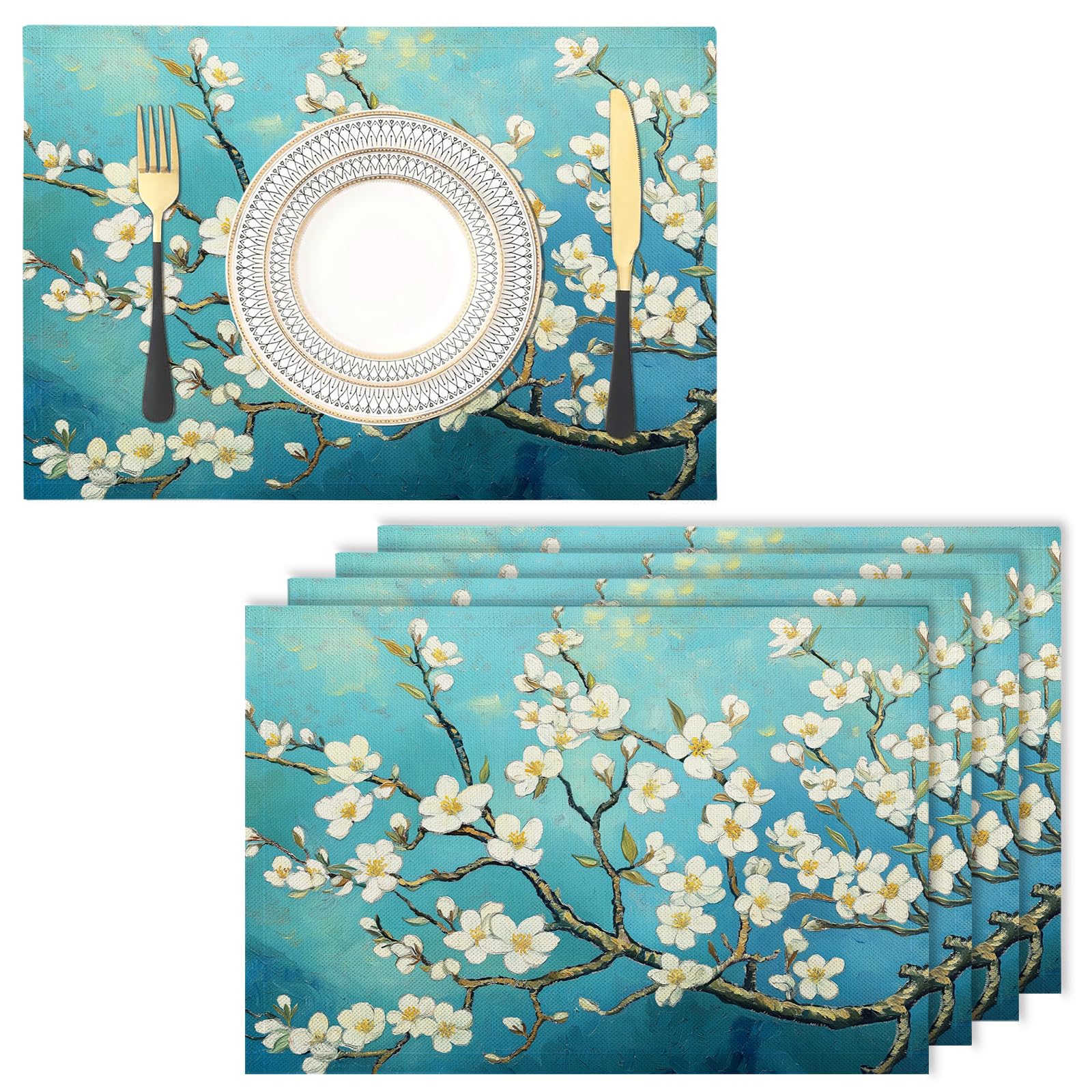 Set de table lavable en machine fleurs d'abricotier - Lot de 6 rectangulaires coton lin durable