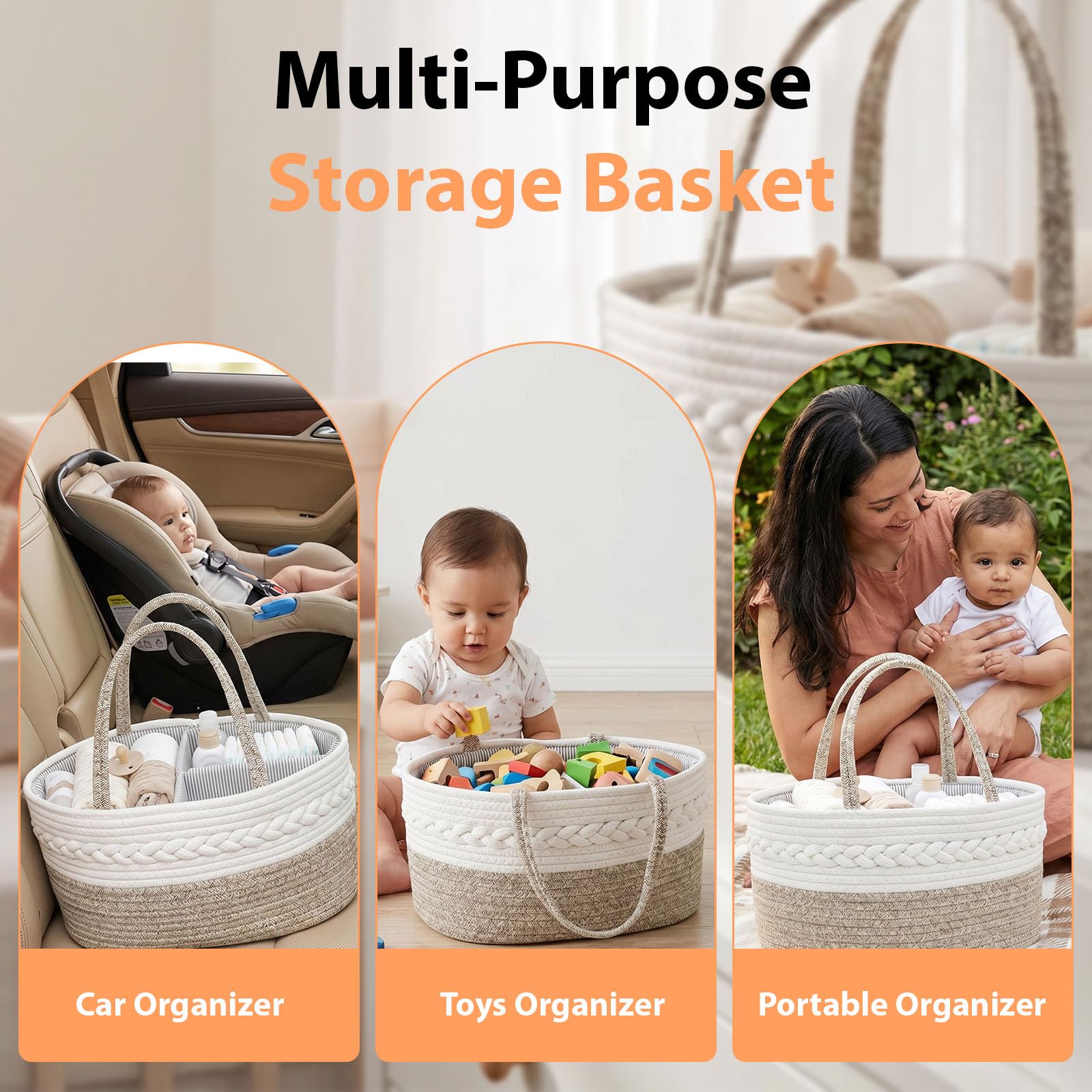 Cestino Porta Pannolini Neonato, Cesto Porta Oggetti in Corda di Cotone, Organizer Pannolini Fasciatoio con Maniglie e Scomparti, Contenitore Multiuso per Prodotti Bebè e Baby Shower