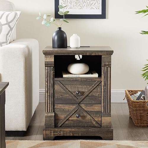 Miniatura 2 de Mesita de noche con estación de carga, mesa auxiliar rústica de 18 pulgadas con puerta de granero, mesa auxiliar de sofá de madera con 2 cajones de