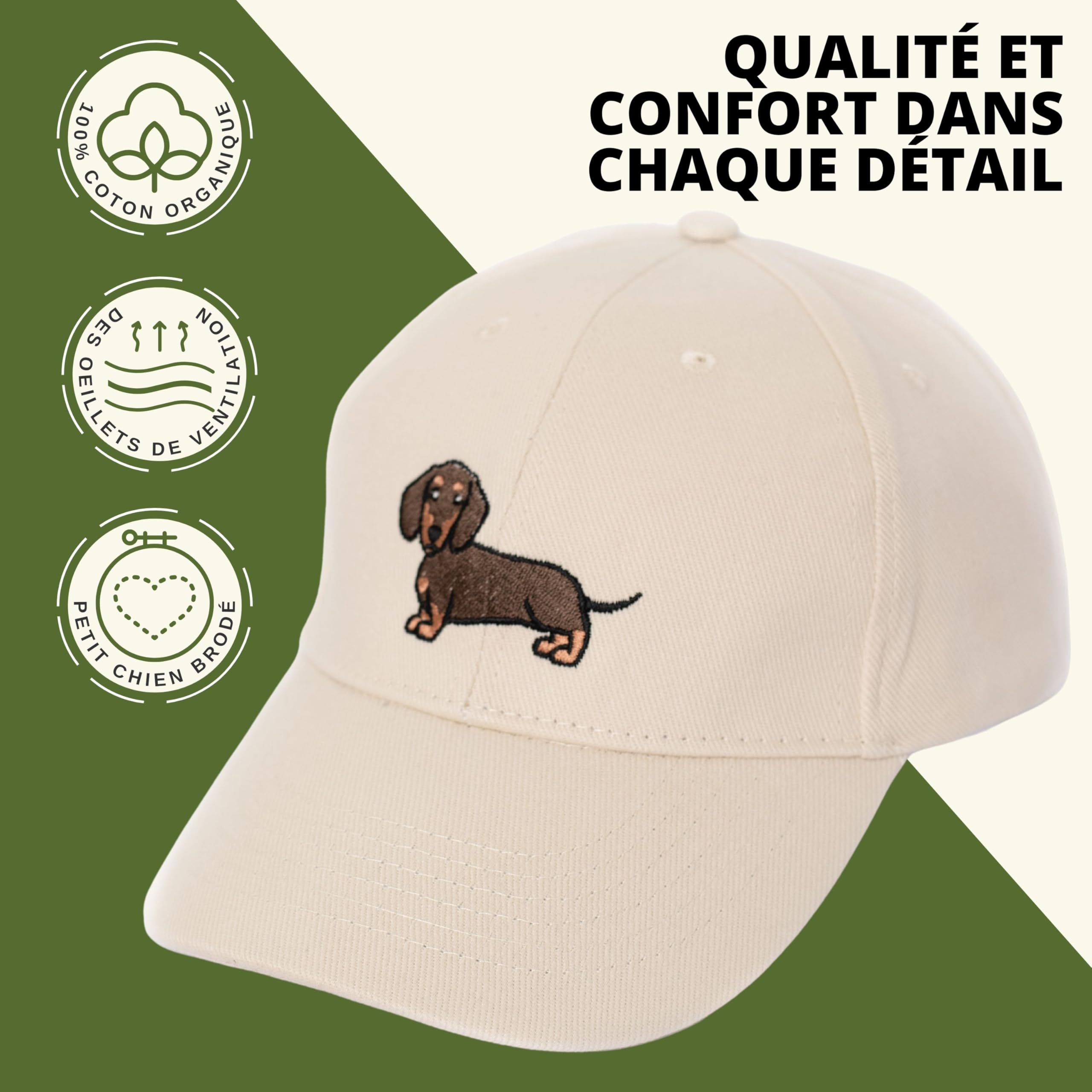 Casquette Beige Brodée avec Teckel – 100% Coton Bio | Cadeaux pour Amoureux des Chiens