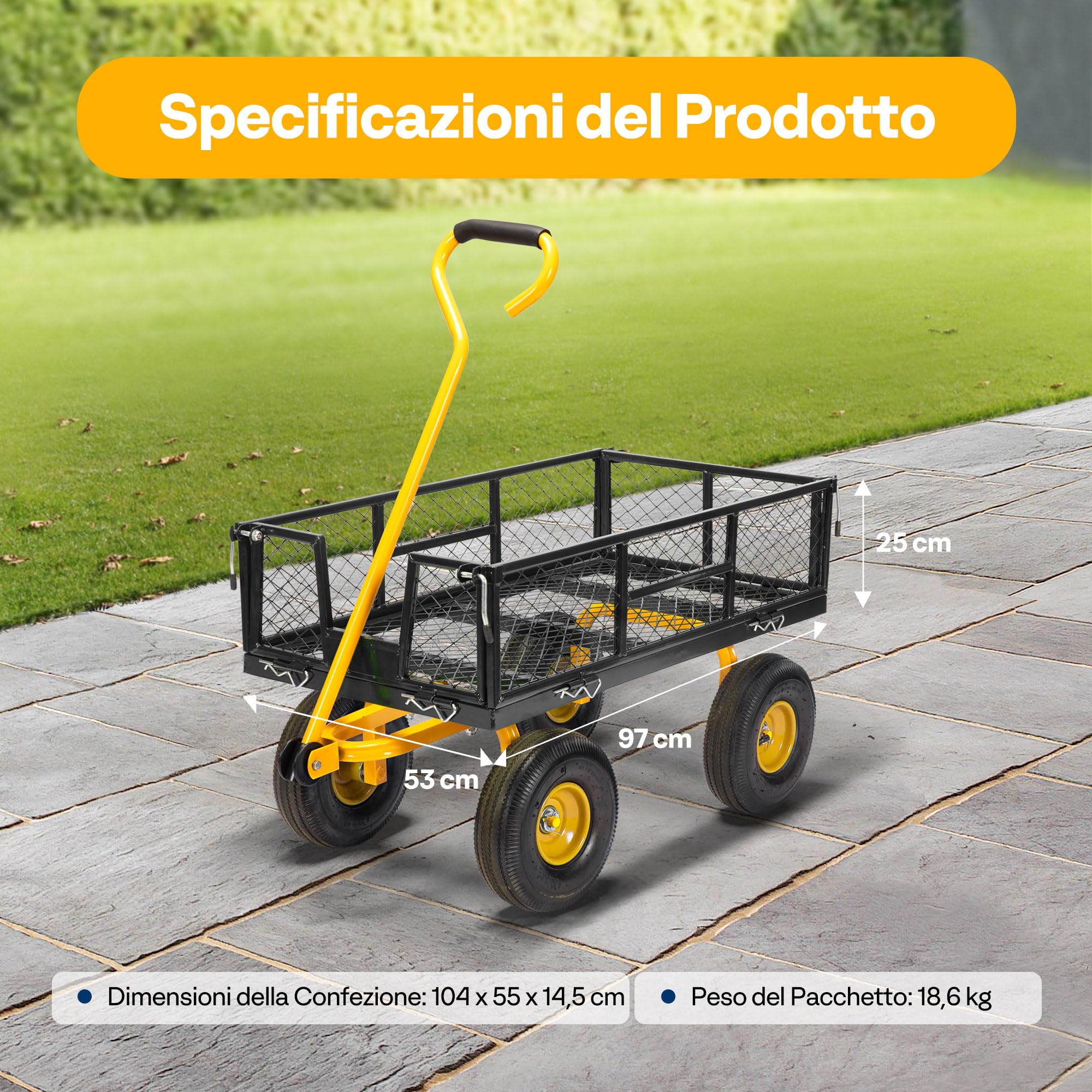 VIVOHOME Carrello da Giardino in Rete d'Acciaio Resistente Portata Fino a 400kg, Carretto con Ruote Grandi per Campeggio Giardinaggio Rimorchio Nero