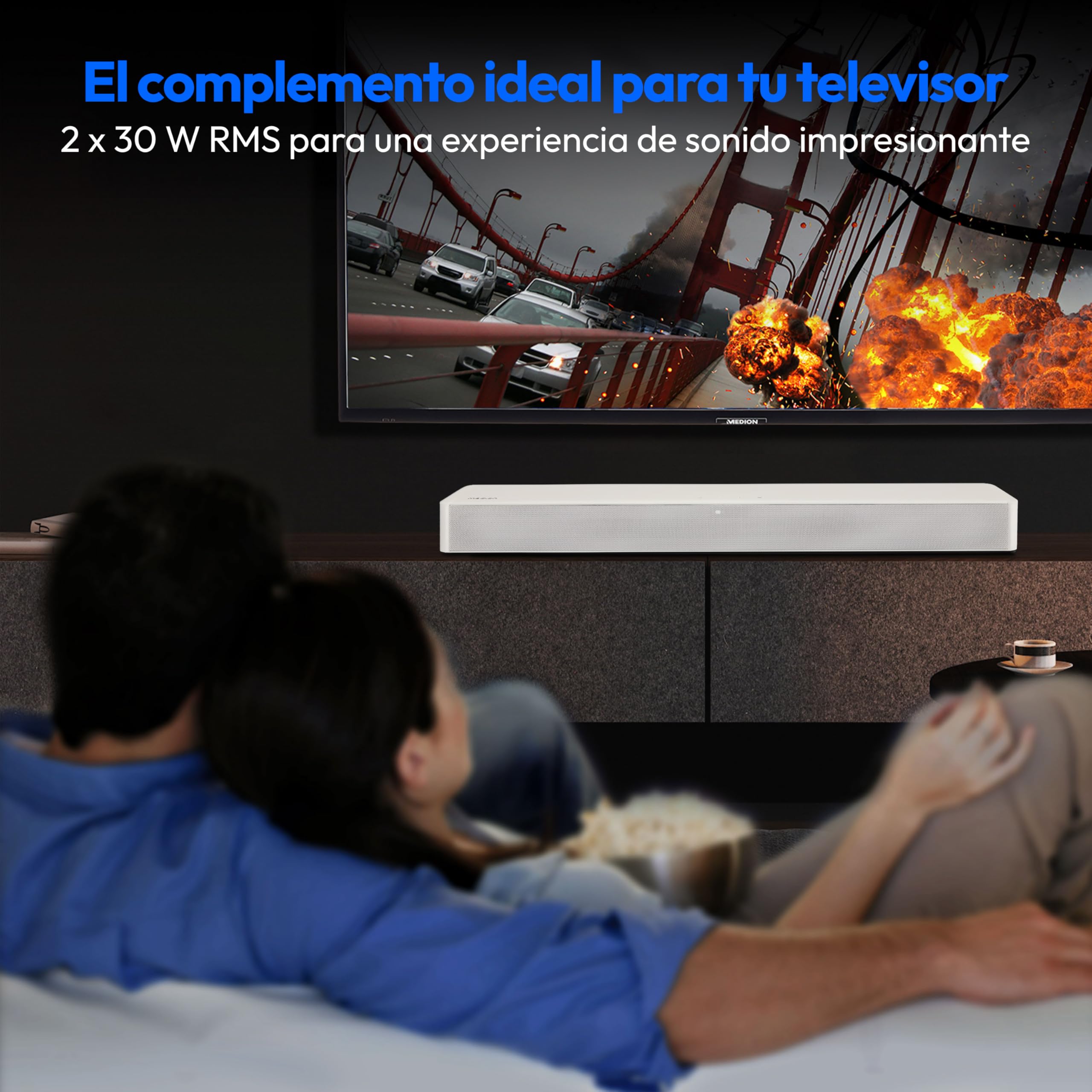 MEDION P61155 Barra de Sonido 2.0 con Bluetooth (Incluye Mando a Distancia, Control táctil, HDMI (ARC), AUX, Entrada óptica, 2 x 30 W RMS) Blanco