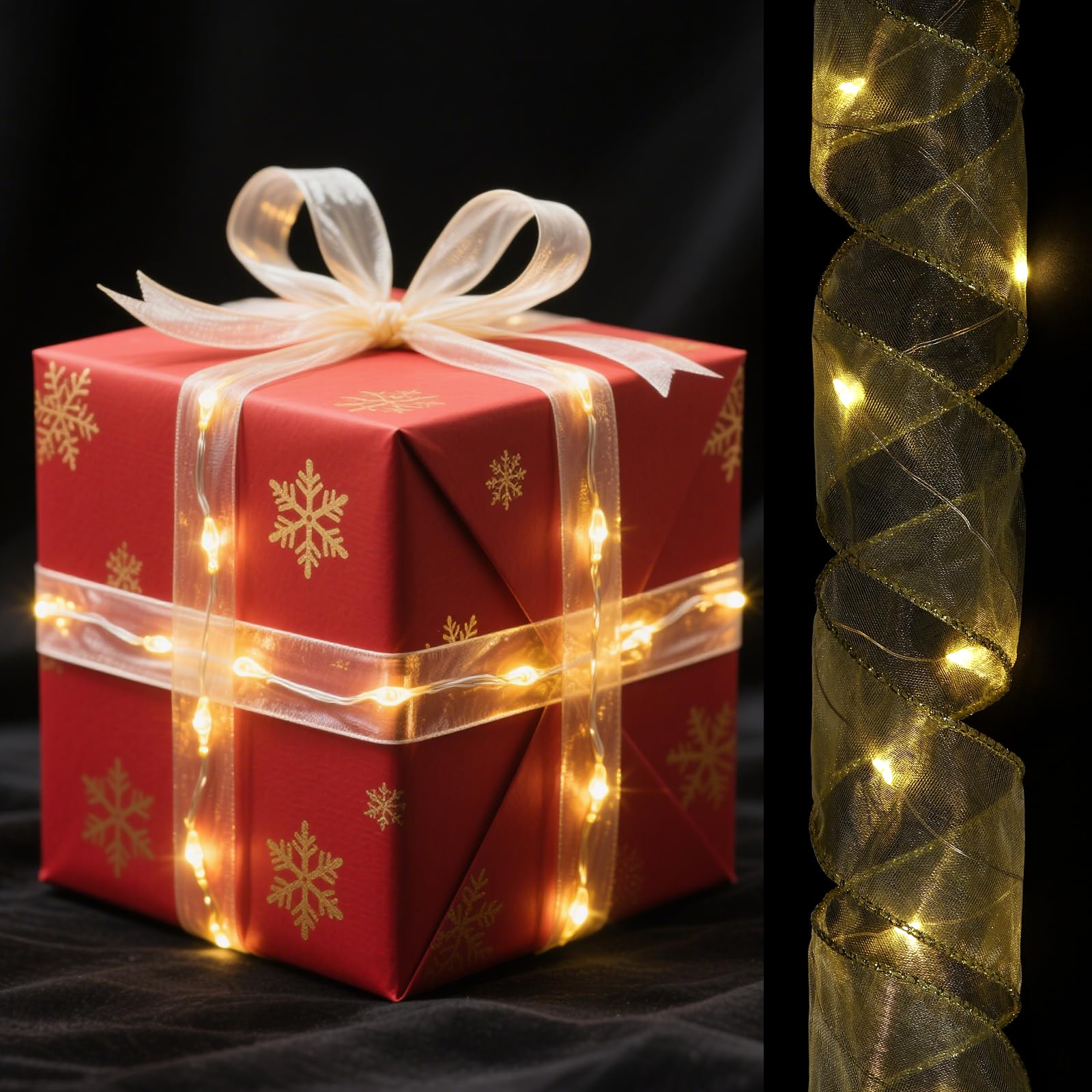 sourcing map LED Lights Copper Wire Ribbon, 3.28Ft Ribbon Bows Light Battery Powered Christmas Tree Decorations String for Party Weddings Christmas Tree (Gold, Warm Light)