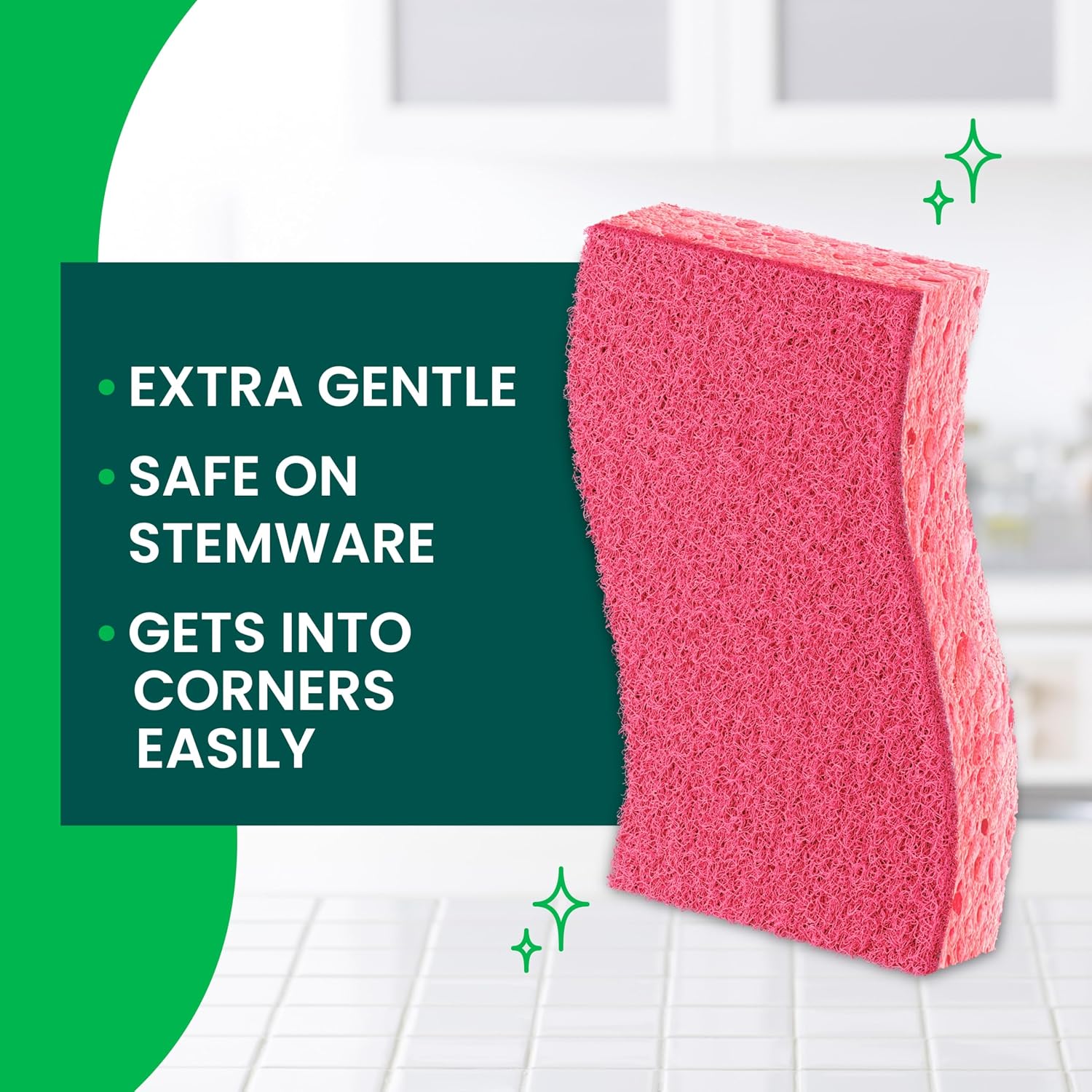 Scotch-Brite Delicate Clean Non-Scratch Scrub Sponge, 3 Nonscratch Kitchen Sponges for Gentle Cleaning of Porcelain, Fine china, Stemware, Nonstick Pots and Pans, Mirrors, Faucets, and More