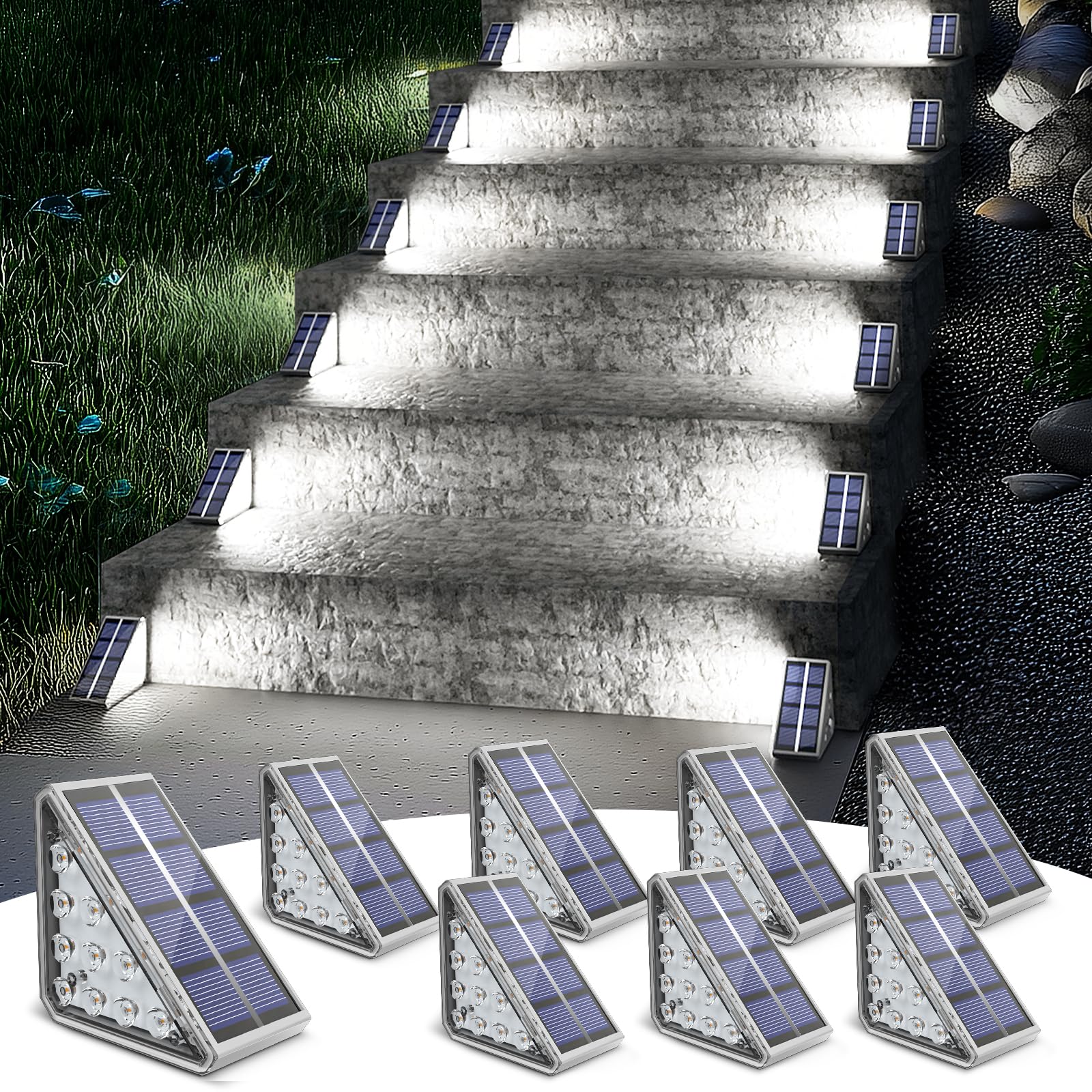 NIORSUN Outdoor Step Lights, 8 Pack Solar Stair Lights Outdoor Waterproof IP67 Auto On Off, Solar Lights for Steps,Stair,Patio,Yard,Porch,Front Door,Sidewalk,Deck Decor,Cool White