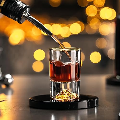Miniatura 7 de Juego de vasos de chupito de 1.5 onzas con base de montaña Gold Peaks, paquete de 6 vasos de chupito transparentes a granel con borde dorado para