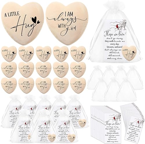 Fulmoon 30 juegos de recuerdos funerarios conmemorativos de bolsillo abrazo de madera con corazón de madera, recuerdos de corazones de bolsillo con