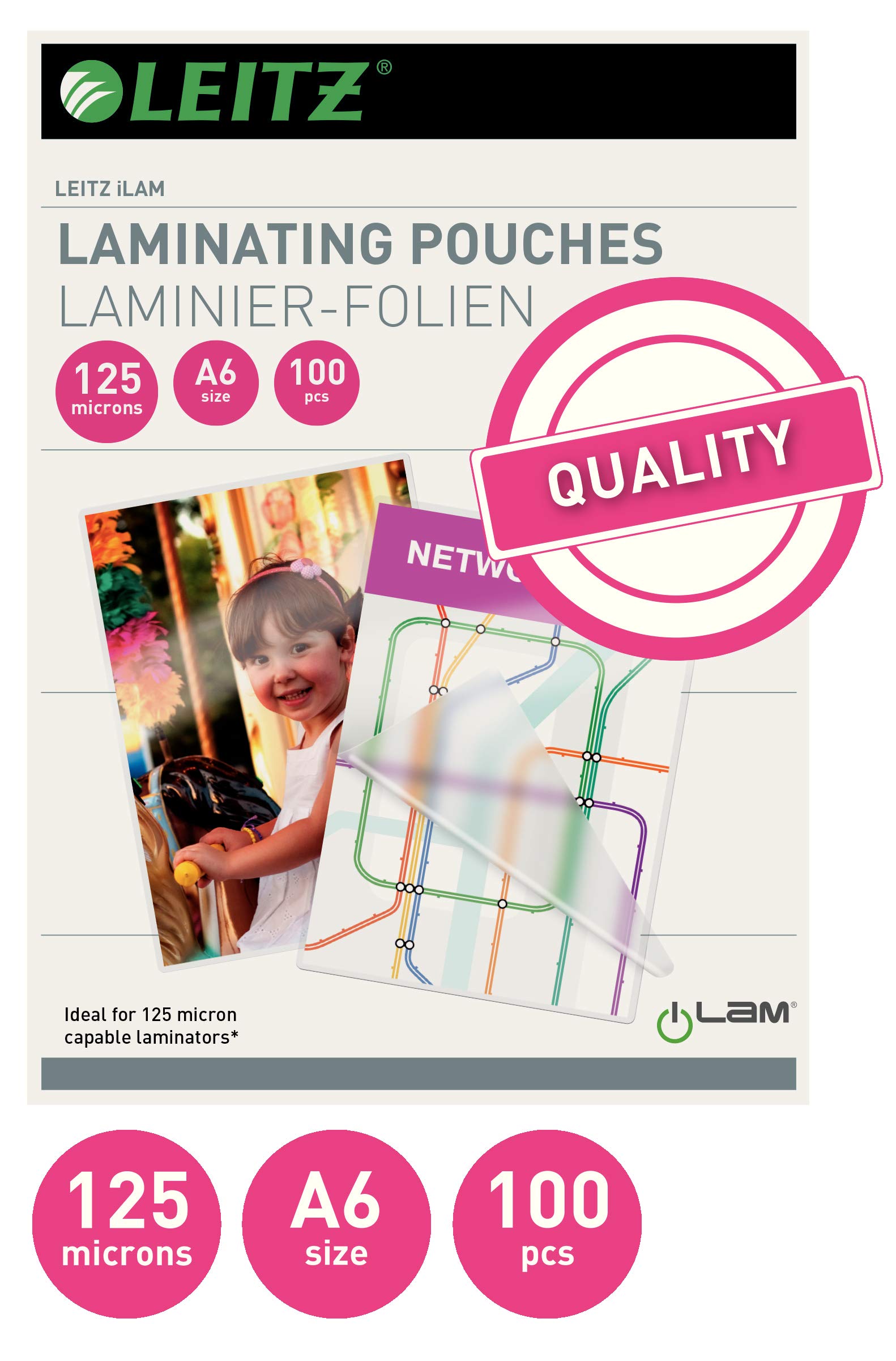 Leitz 33806 Laminating Pouches Made of 125 Micron Thick Material (Transparent, Glossy, A6) - Pack of 100