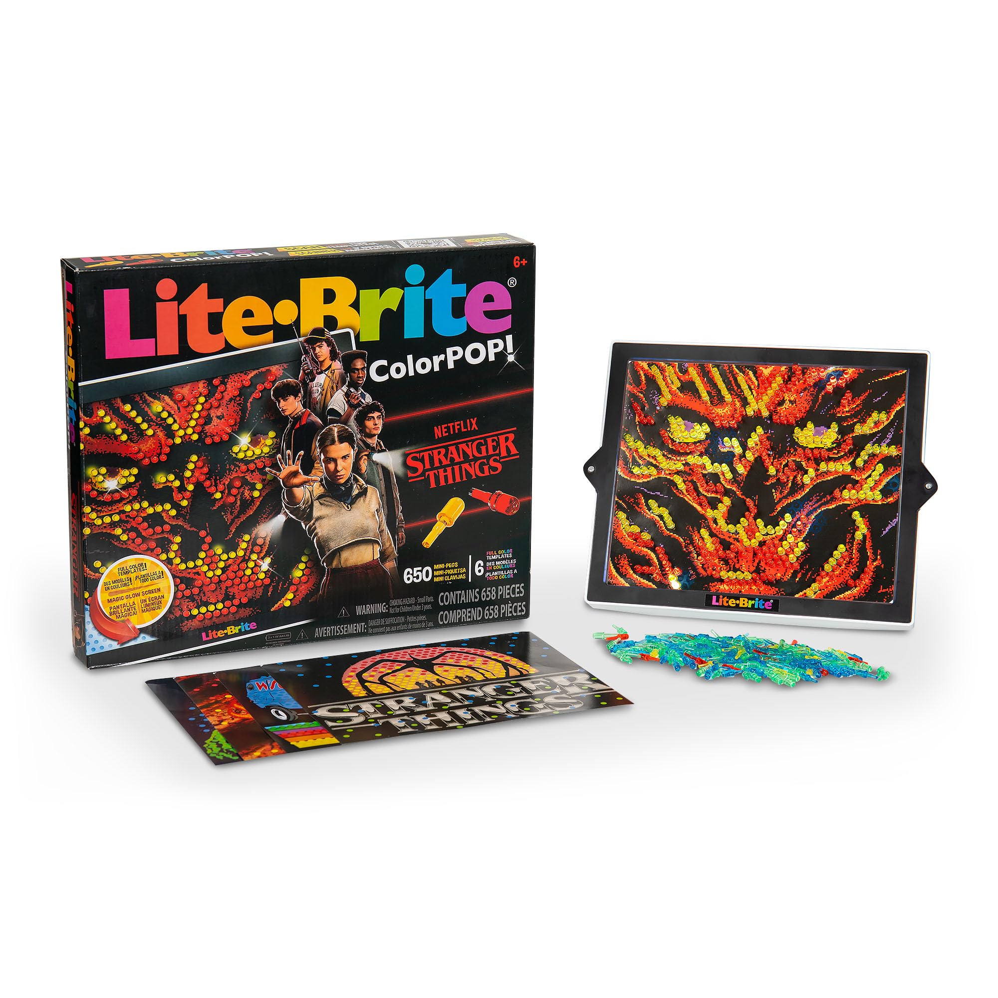 Basic Fun Lite-Brite Colour Pop Stranger Things  Light-Up Creative Toy with 6 Templates, 650 Colourful Pegs & 4 Light Modes  HD Grid Display for Fans & Kids